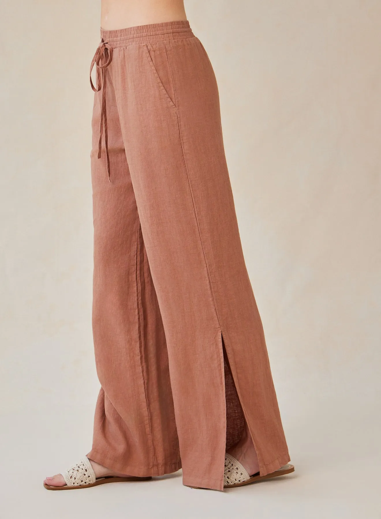 Linen Side Slit Wide Leg Pant - Terracotta Brown