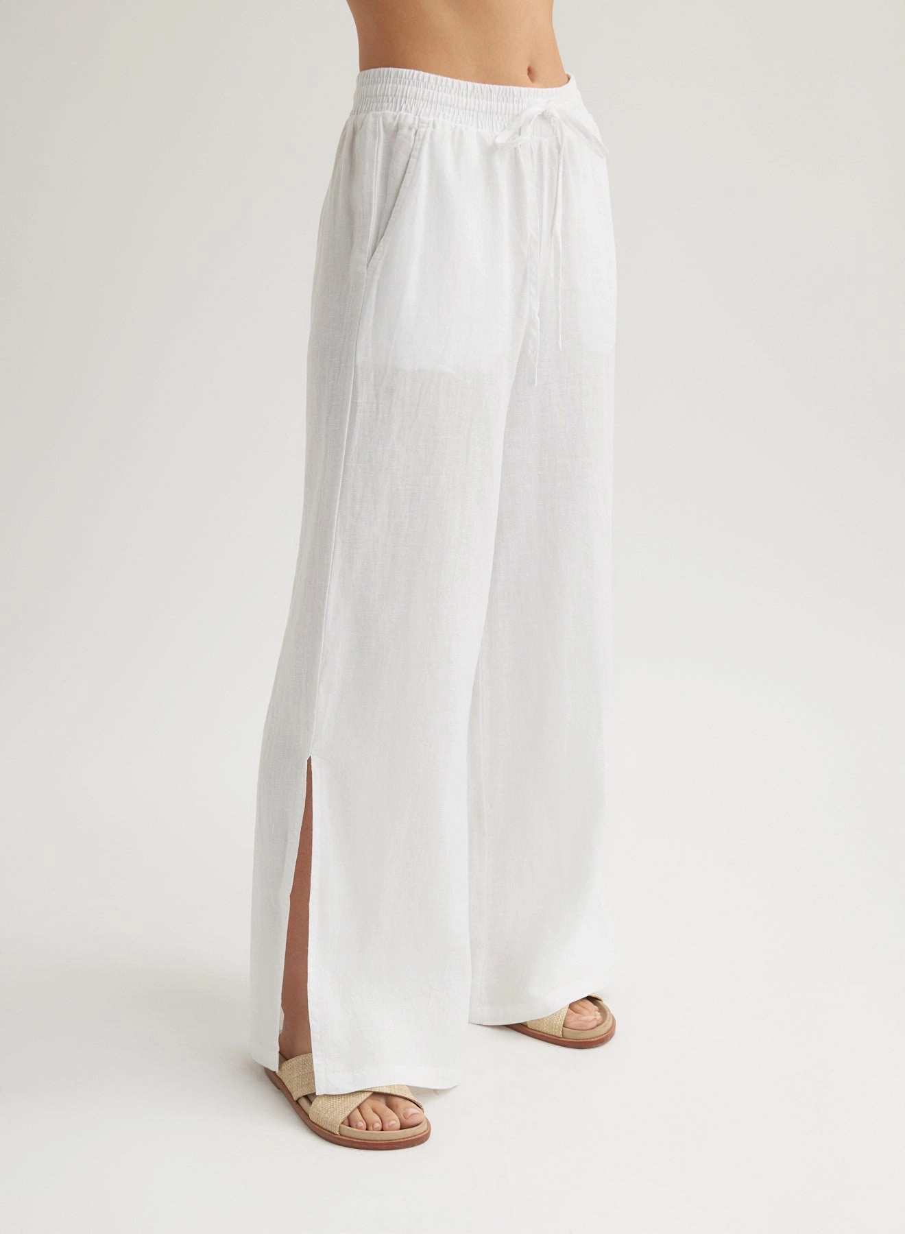 Linen Side Slit Wide Leg Pant - White