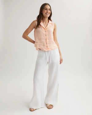Linen Side Slit Wide Leg Pant - White