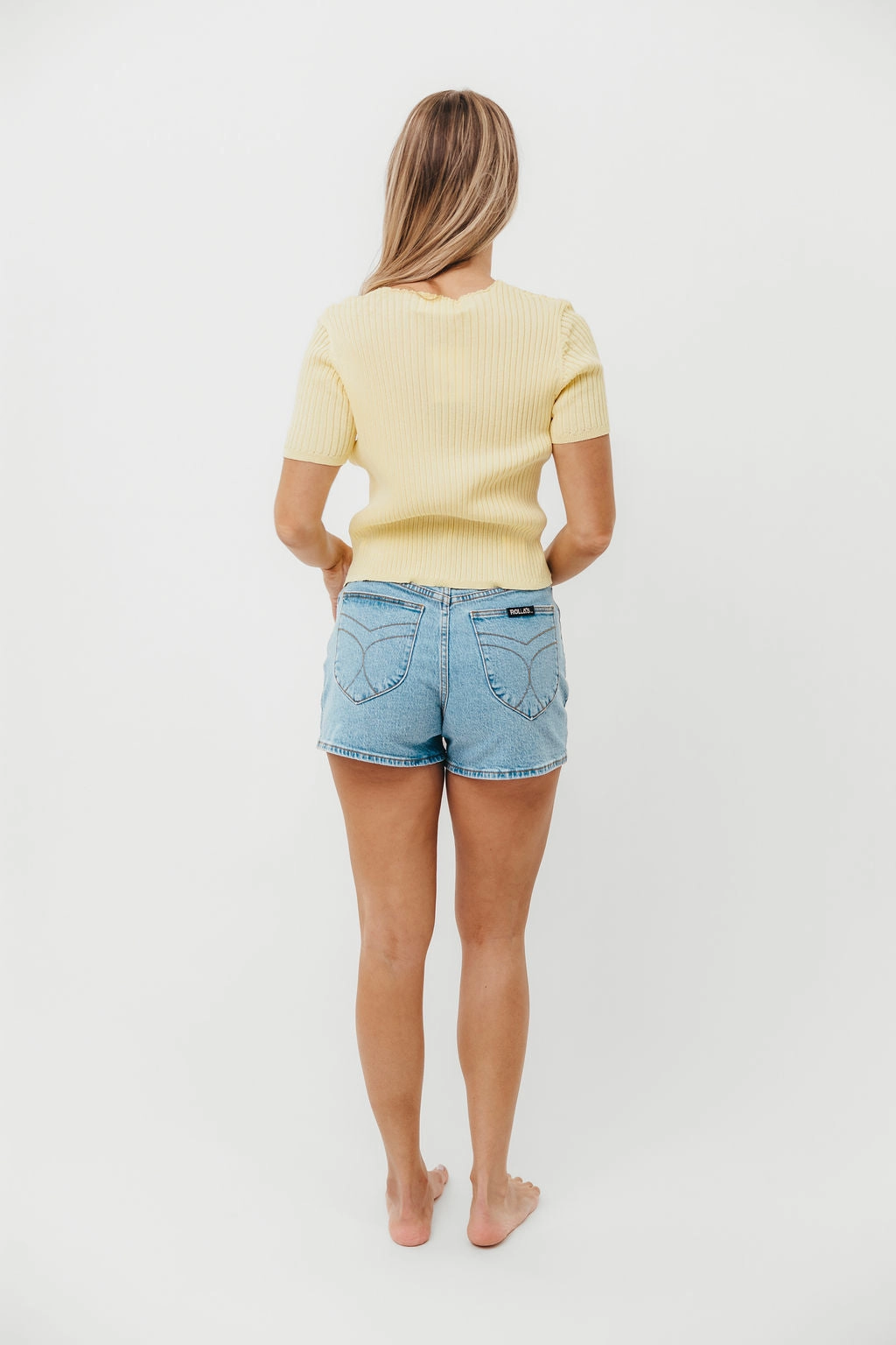 Meg Raw Edge Button Up Ribbed Knit Top in Light Yellow