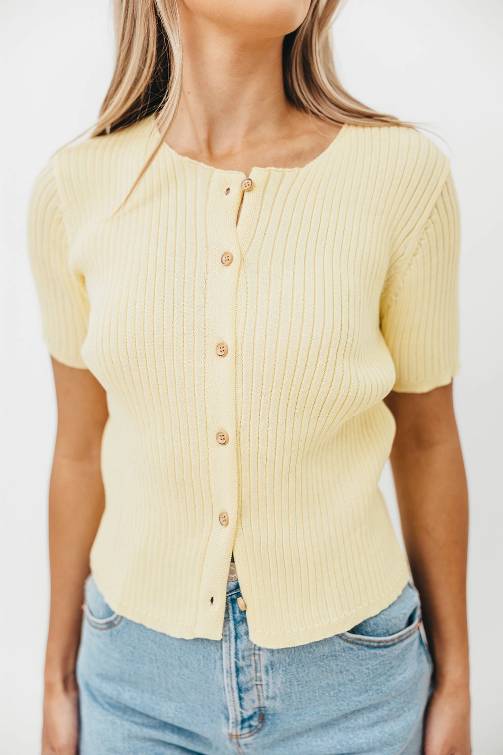 Meg Raw Edge Button Up Ribbed Knit Top in Light Yellow