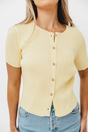 Meg Raw Edge Button Up Ribbed Knit Top in Light Yellow