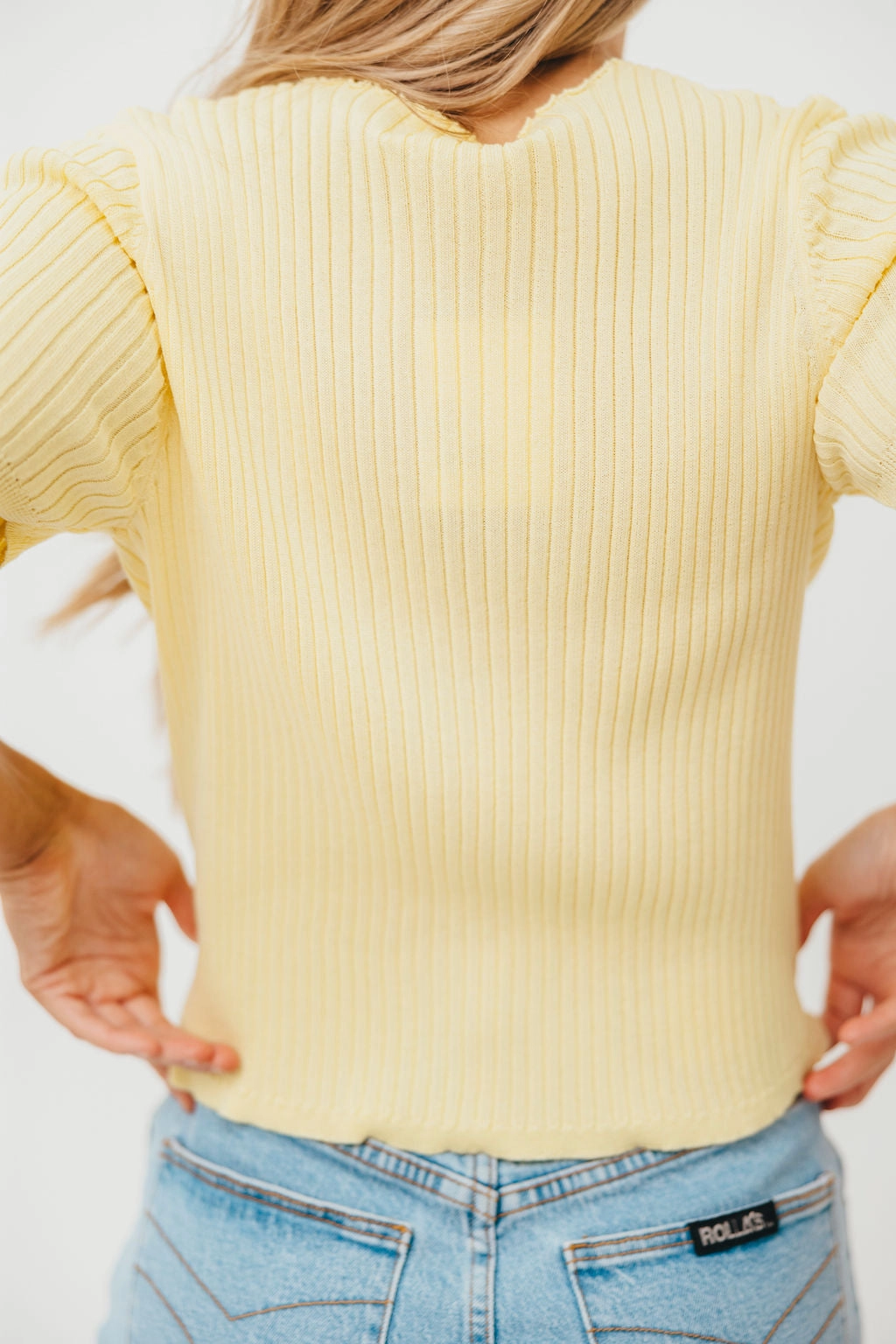 Meg Raw Edge Button Up Ribbed Knit Top in Light Yellow