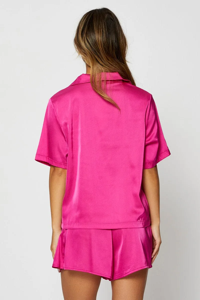 Pink Satin Pajamas Set Short Sleeve