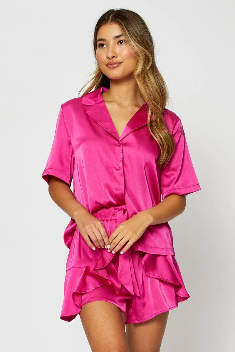 Pink Satin Pajamas Set Short Sleeve