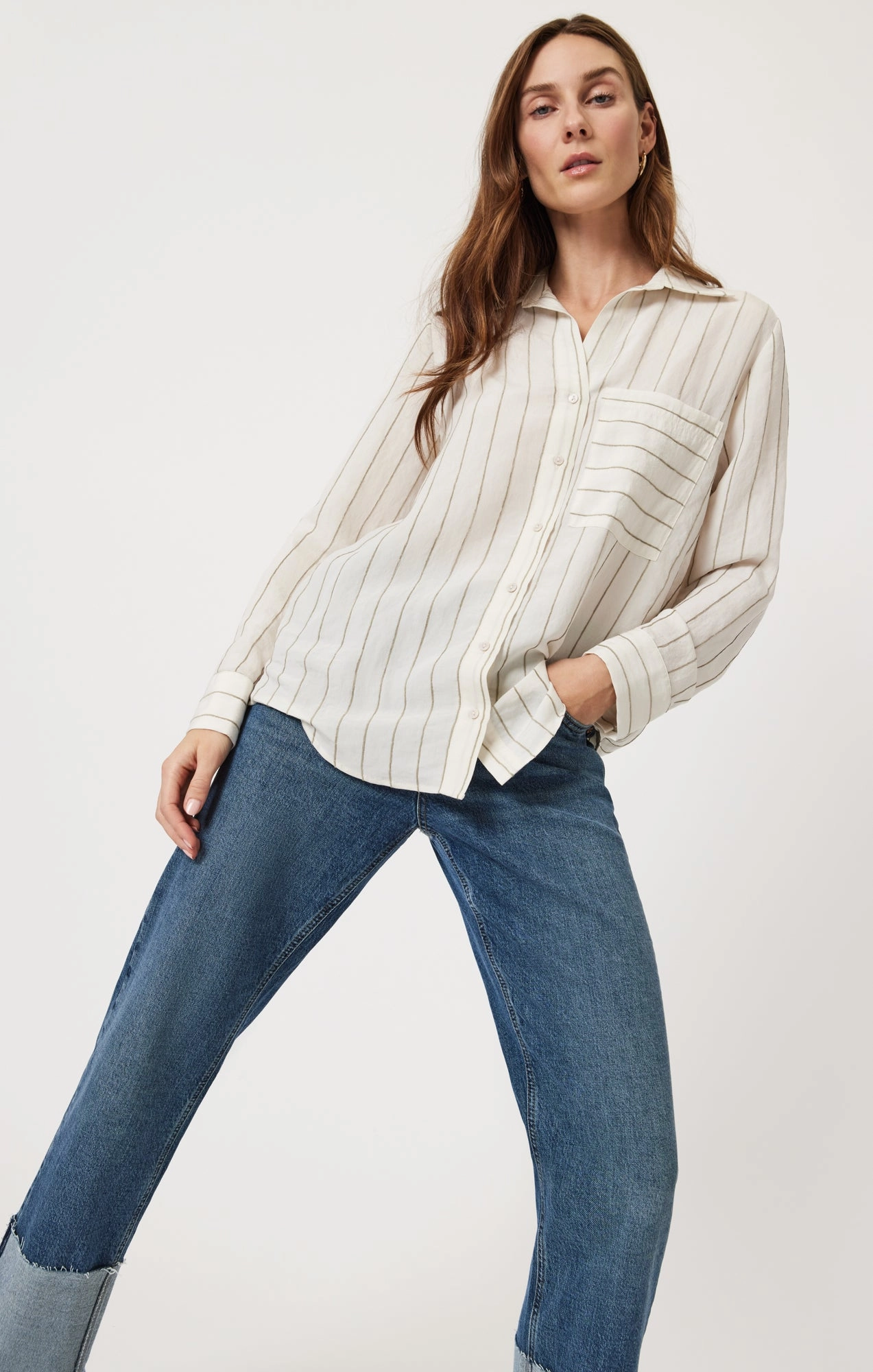 POCKET LONG SLEEVE SHIRT IN KHAKI STRIPE
