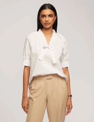 Poplin Puff Sleeve Blouse With Neck Tie- Sale