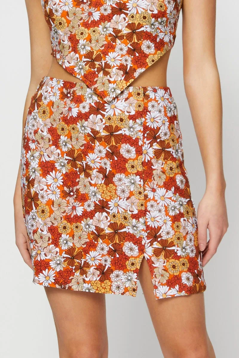 Print Linen Blend Floral Print Front Split Mini Skirt