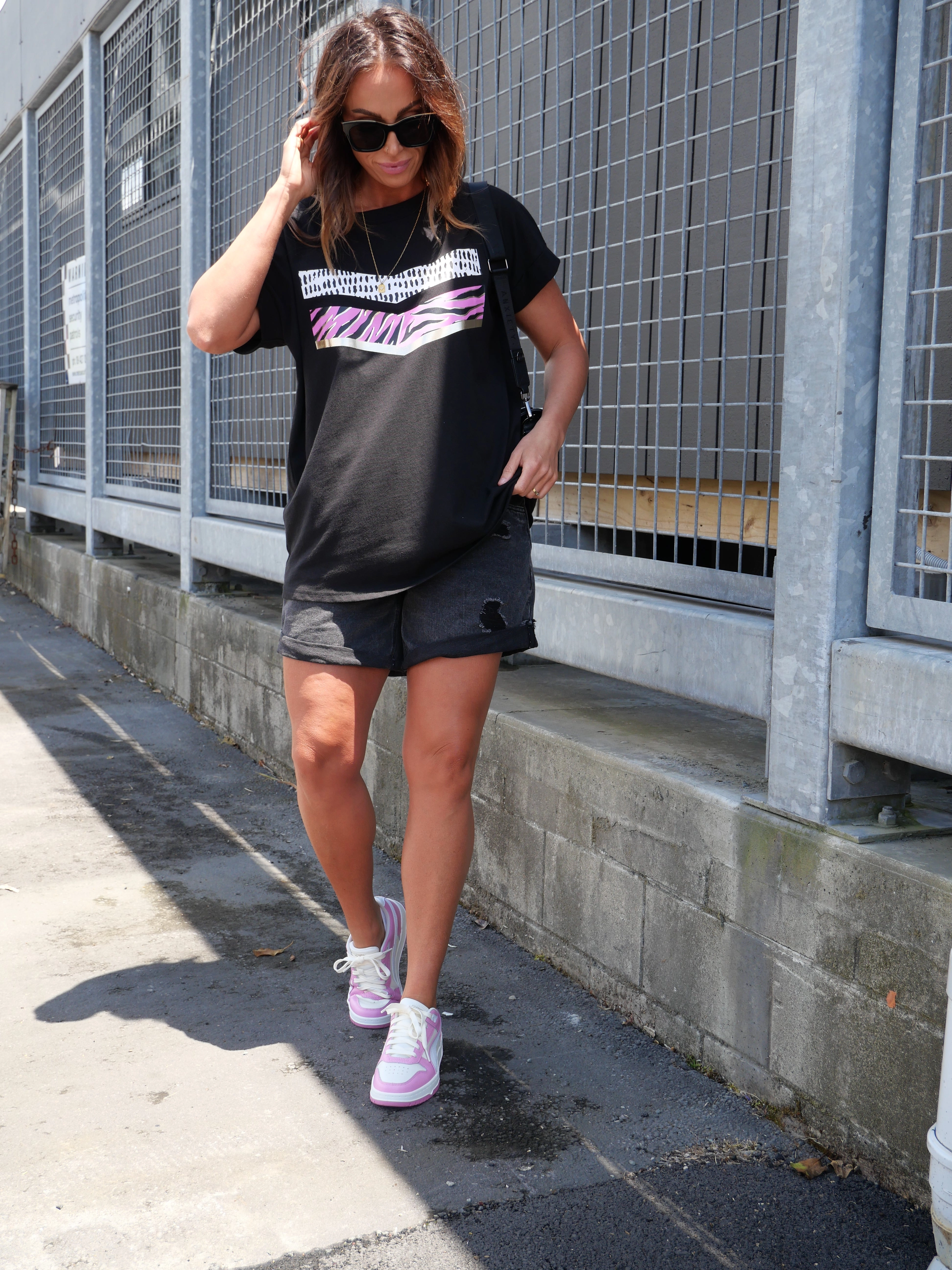 Rebel Club by Shine On Zebra Chevron Cap Sleeve Tee Jet Black