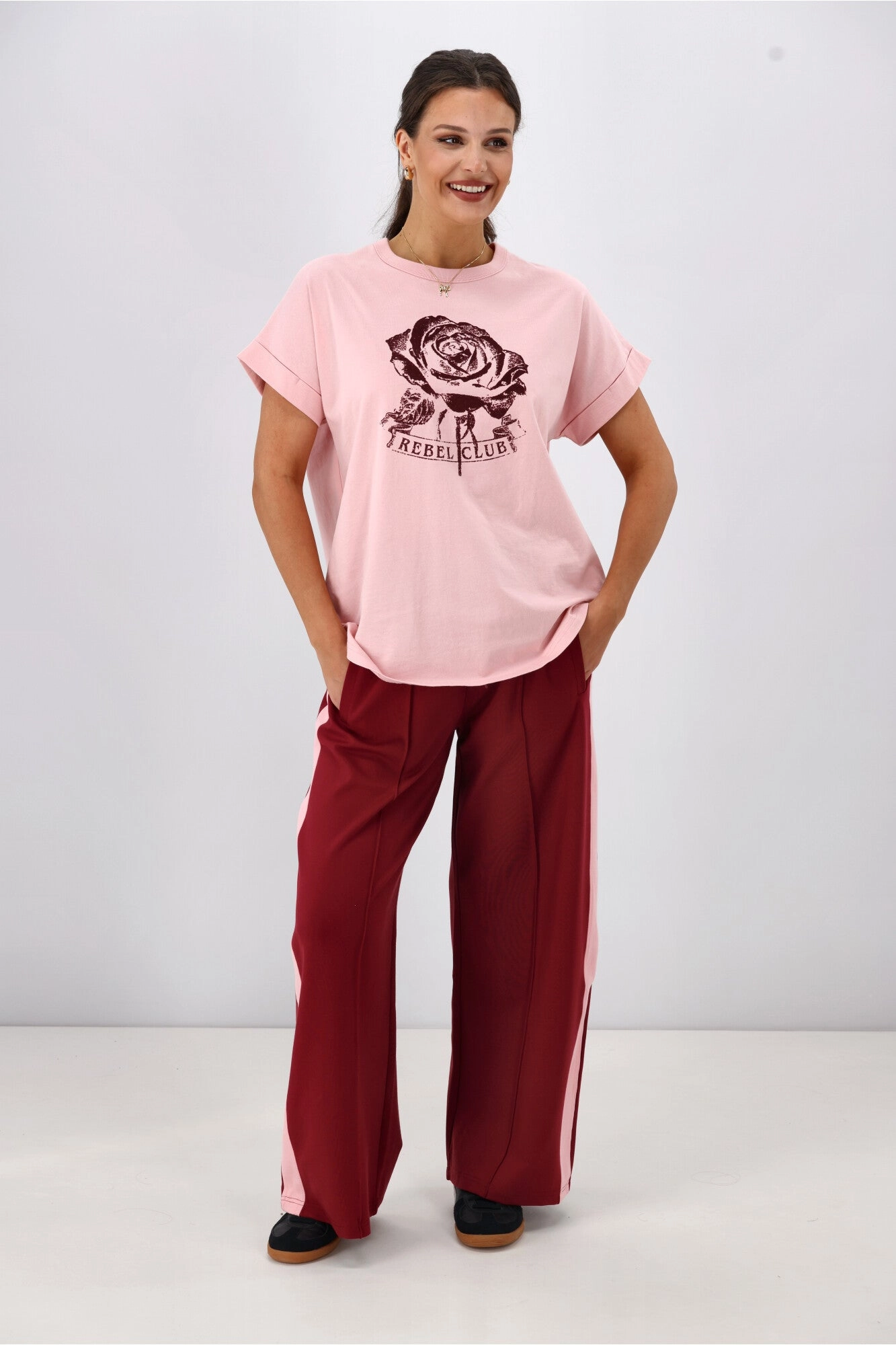 Rebel Club Merlot Rose Capsleeve Tee Pink