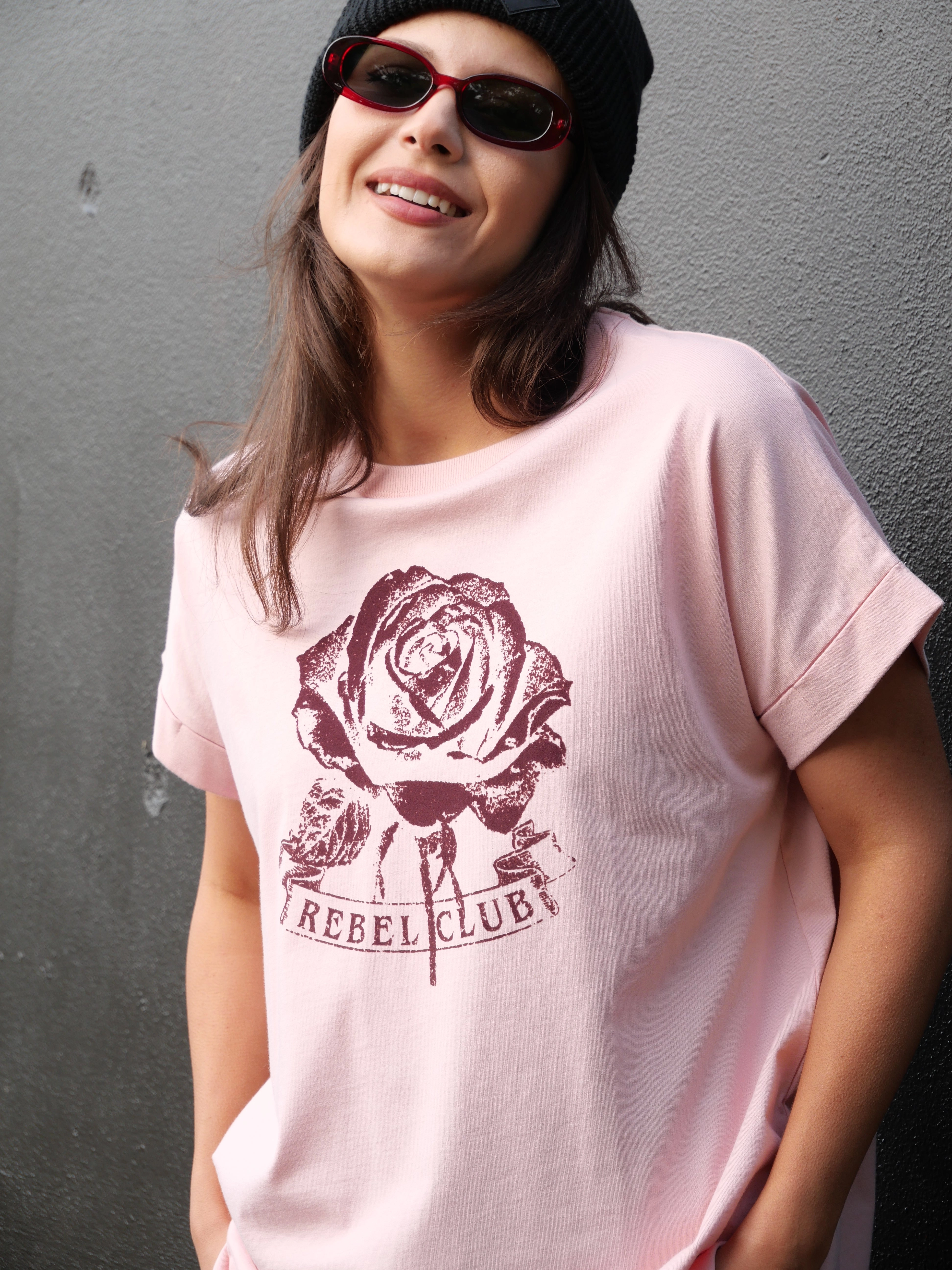 Rebel Club Merlot Rose Capsleeve Tee Pink