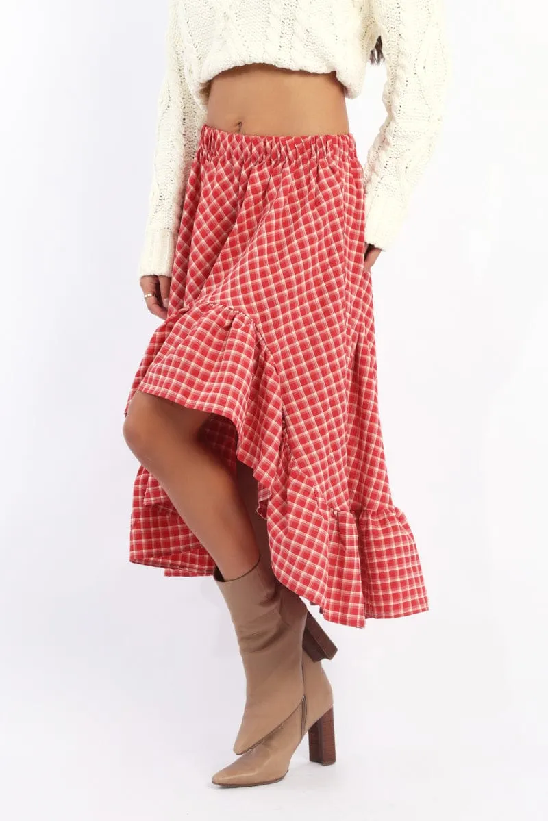 Red Check Asymmetric Midi Skirt Elastic Waist Frill Hem