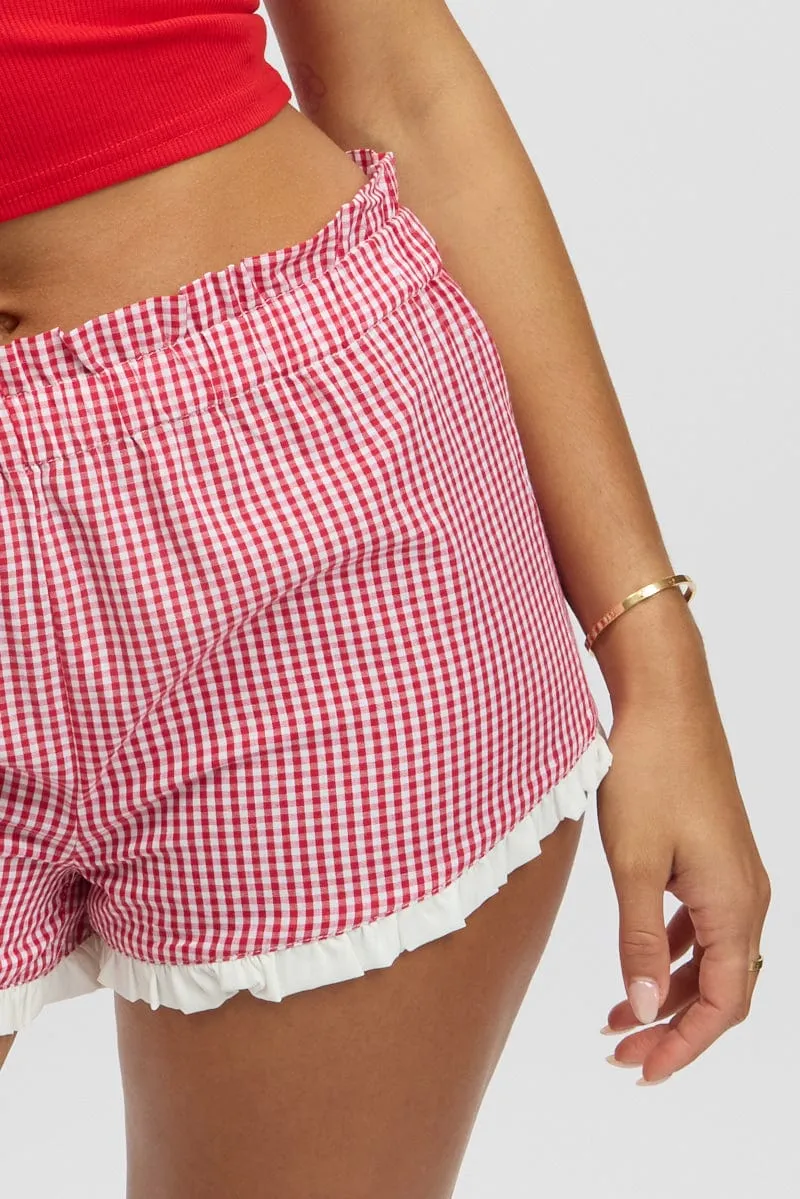 Red Check Shorts Mini Frilled Hem