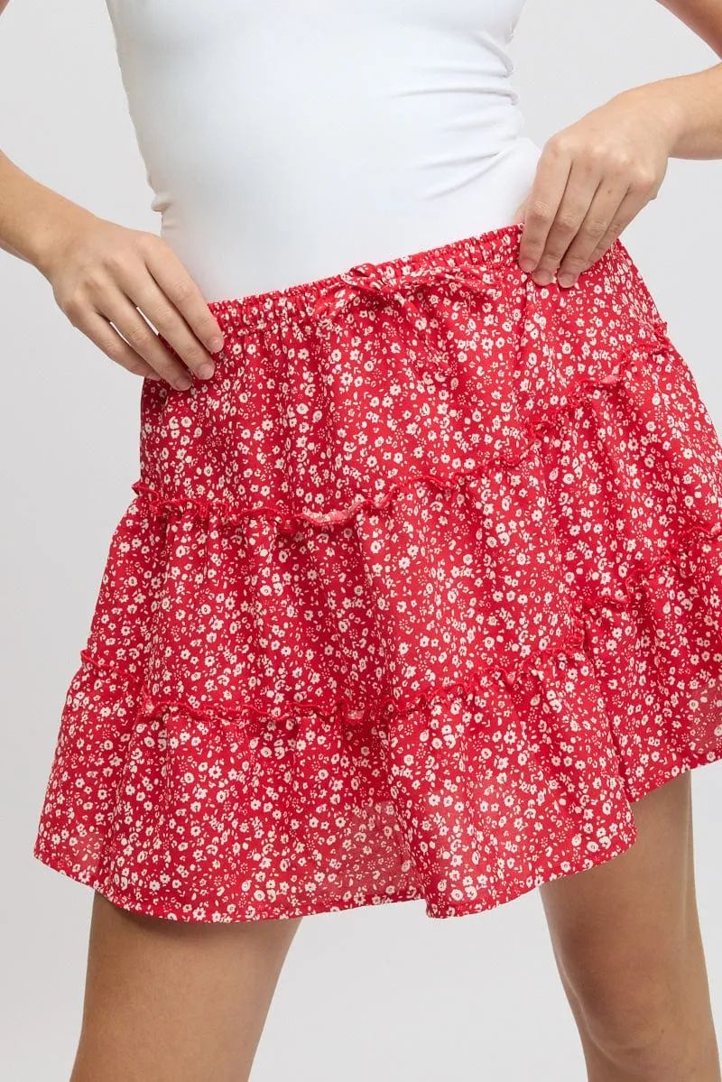 Red Ditsy Skater Skirt High Rise Tiered Mini Lined