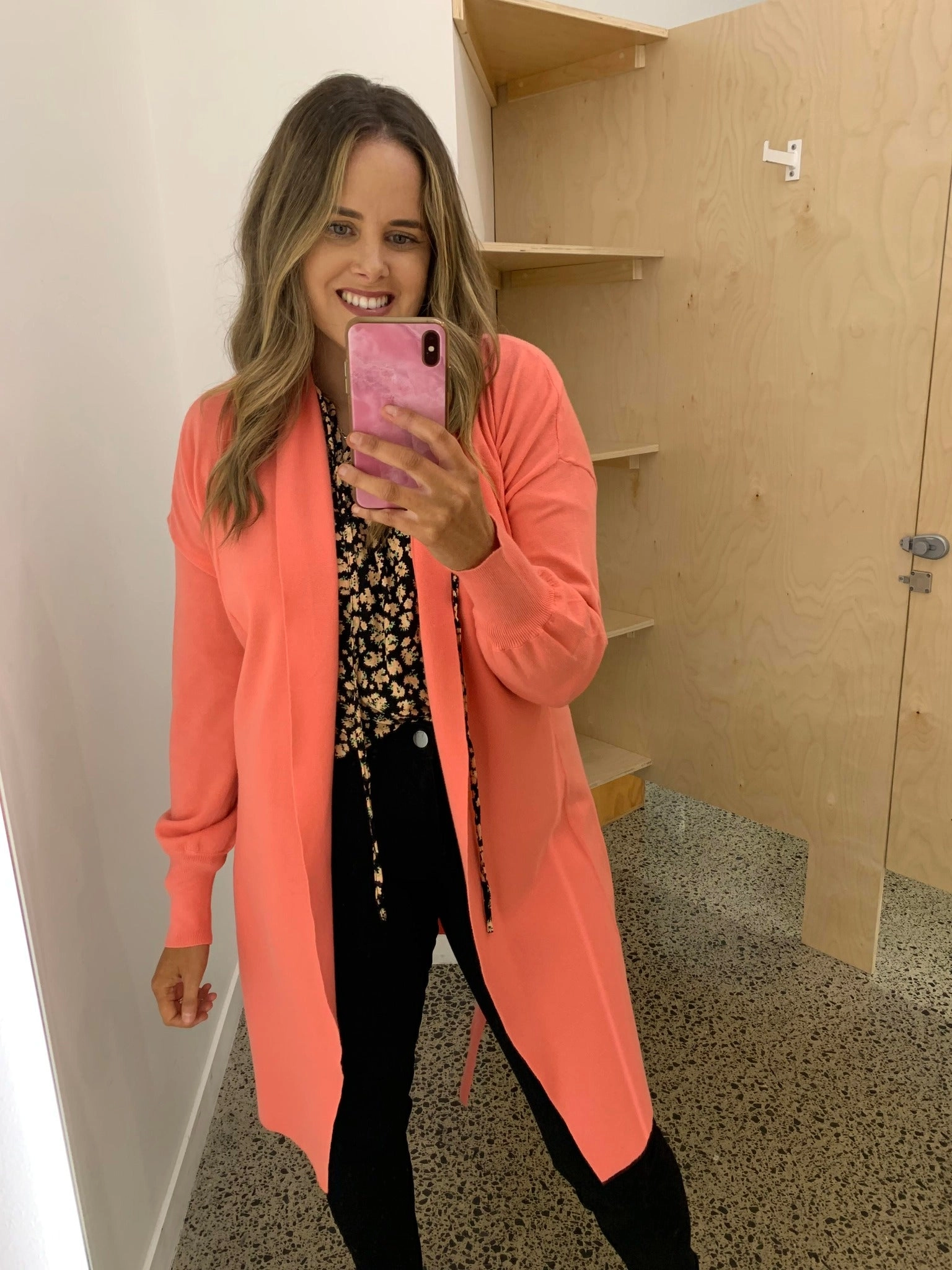 Sass Tabatha Knit Belted Midi Cardi Coral