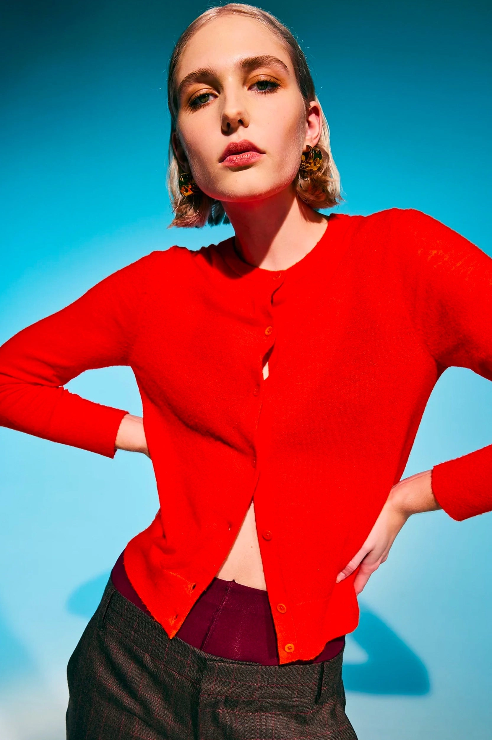 Skinlike Mercerized Wool Cardigan in Red