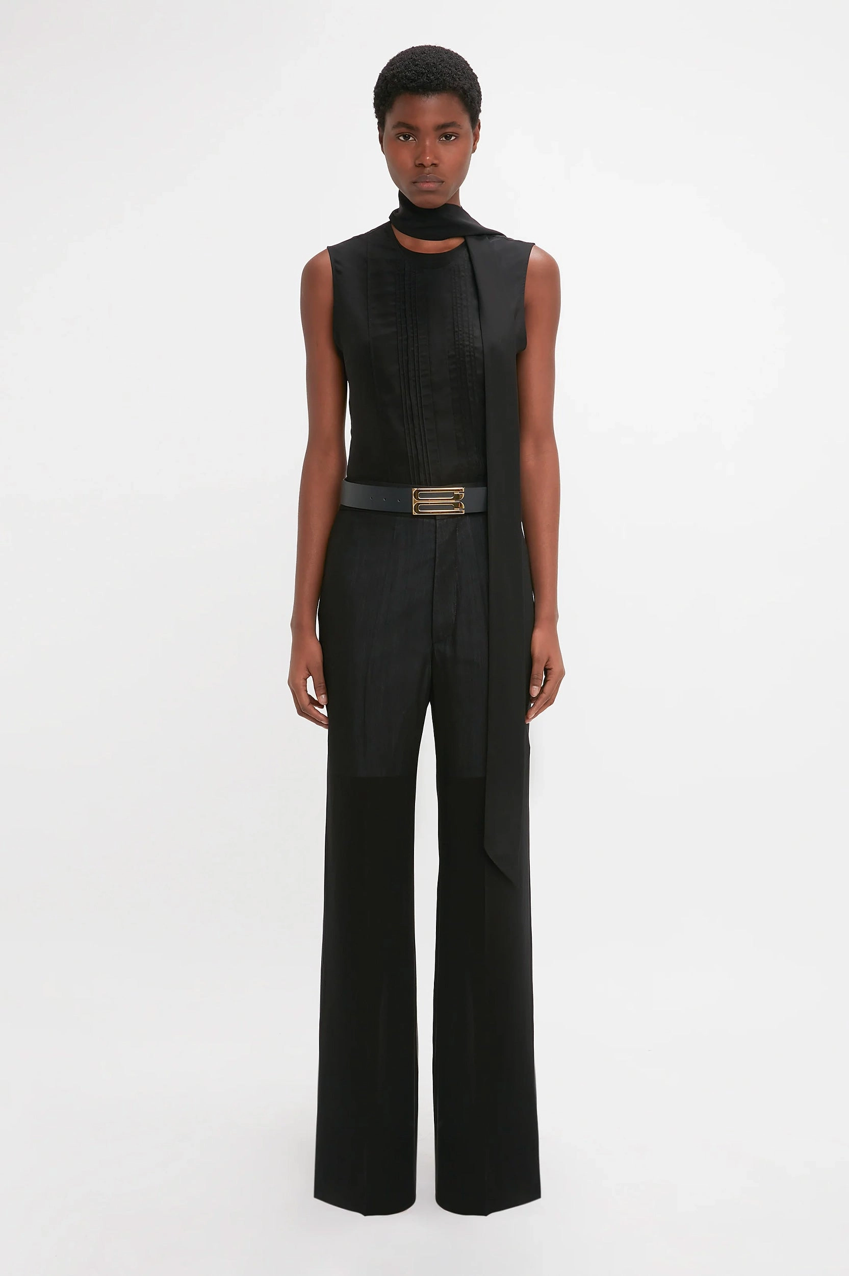 Sleeveless Silk Tie Neck Top in Black