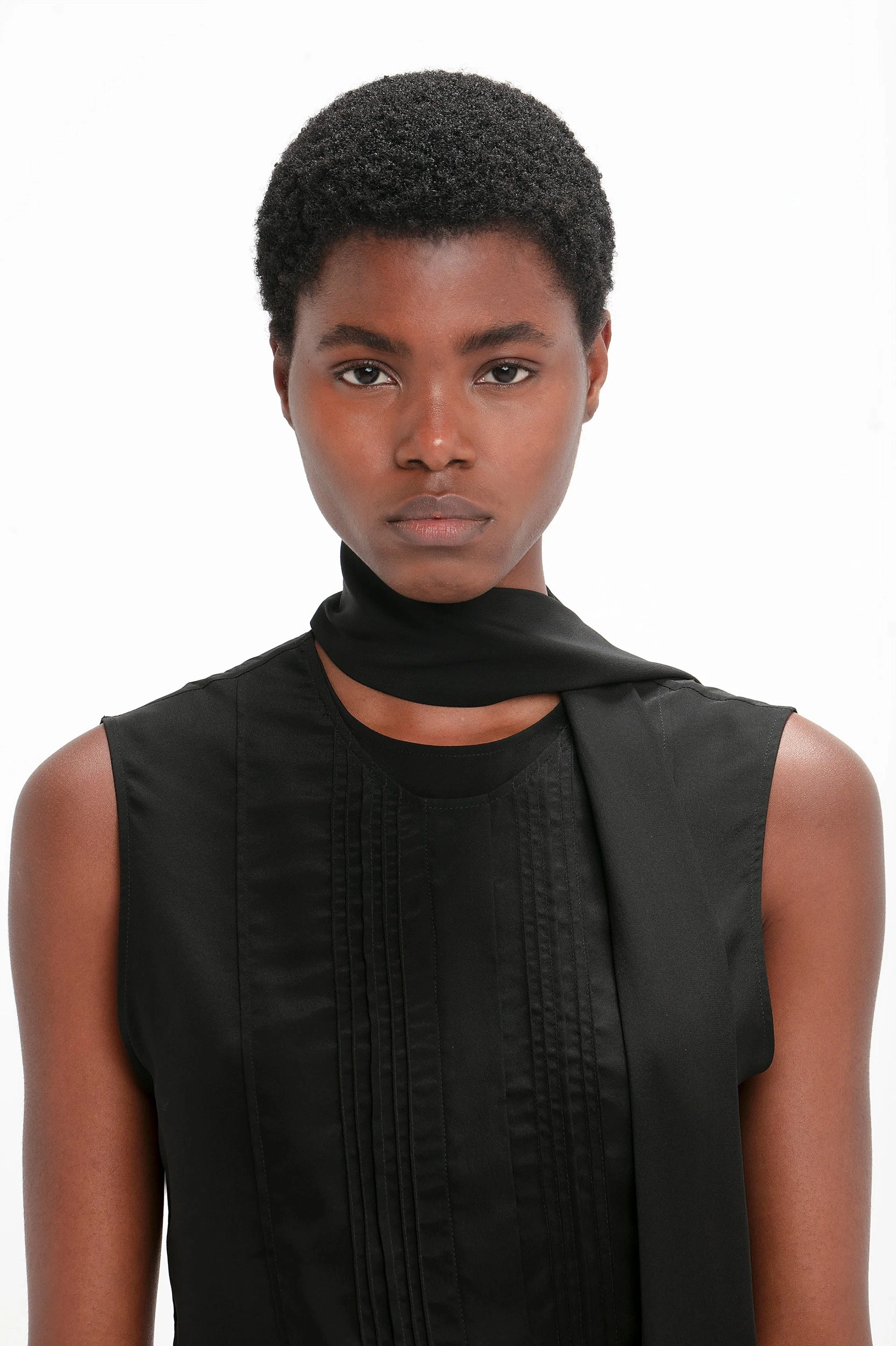 Sleeveless Silk Tie Neck Top in Black