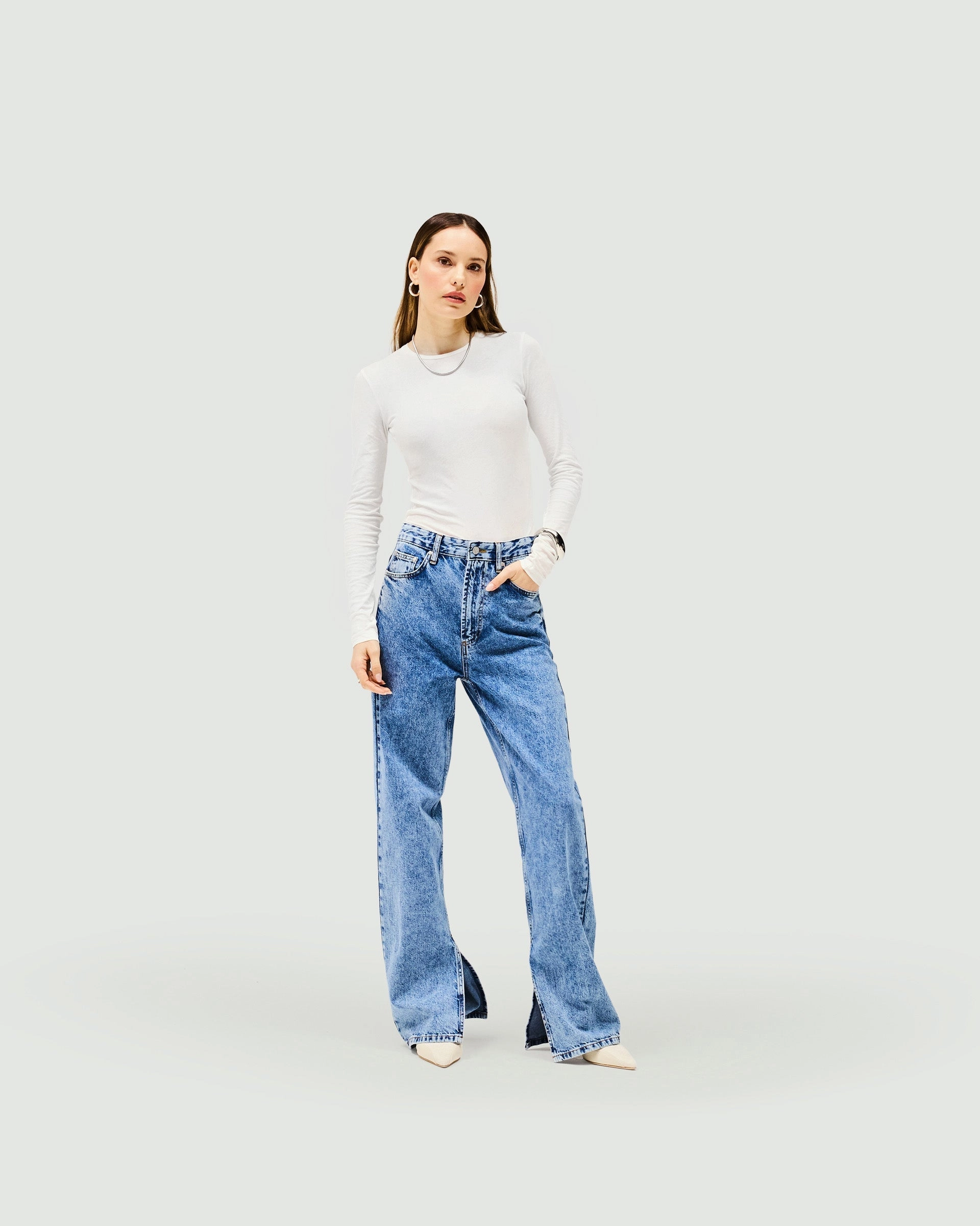 Split Hem Straight Jean - Washed Blue
