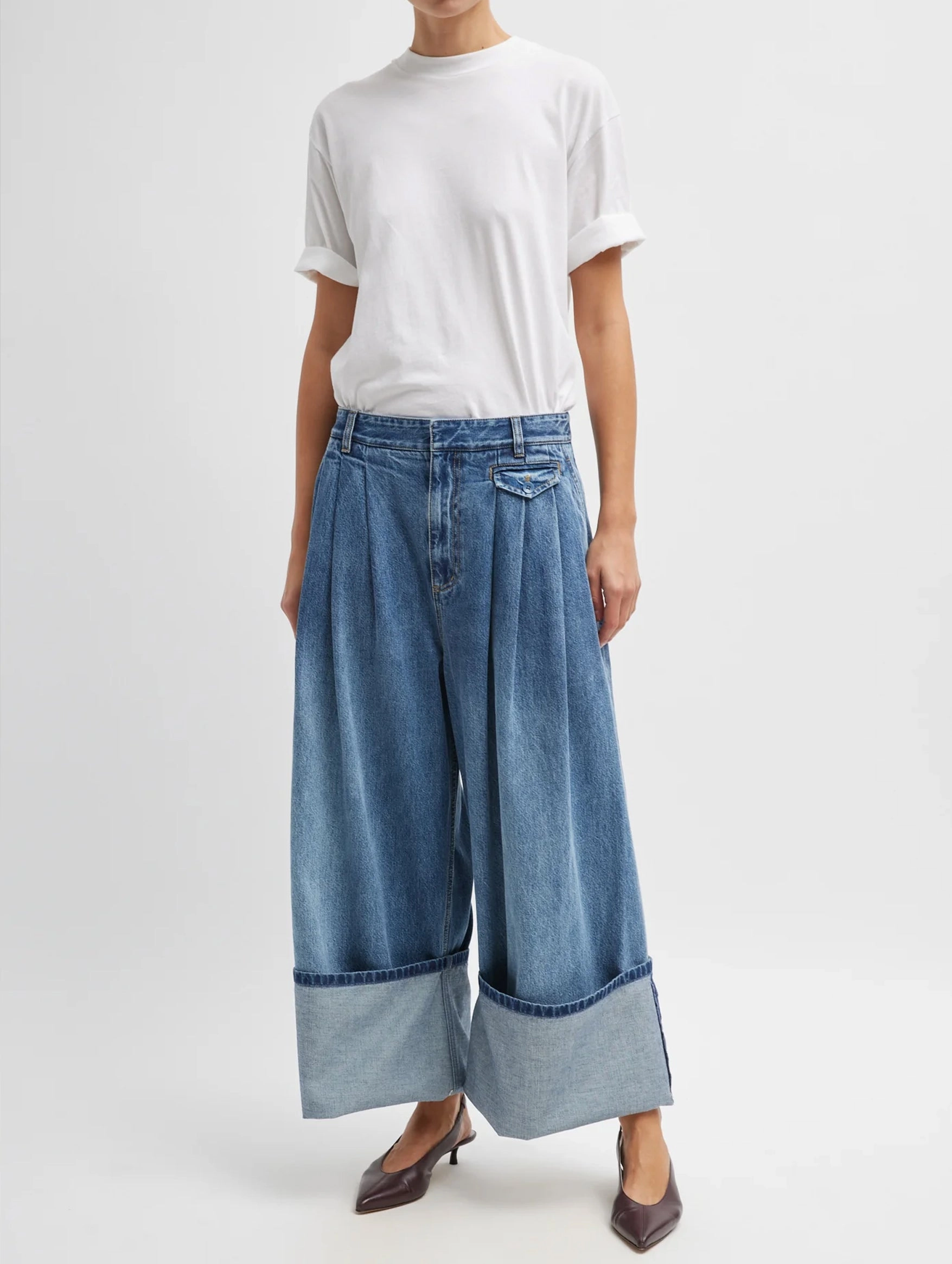 Spring Denim Short Triple Pleat Pant in Classic Blue
