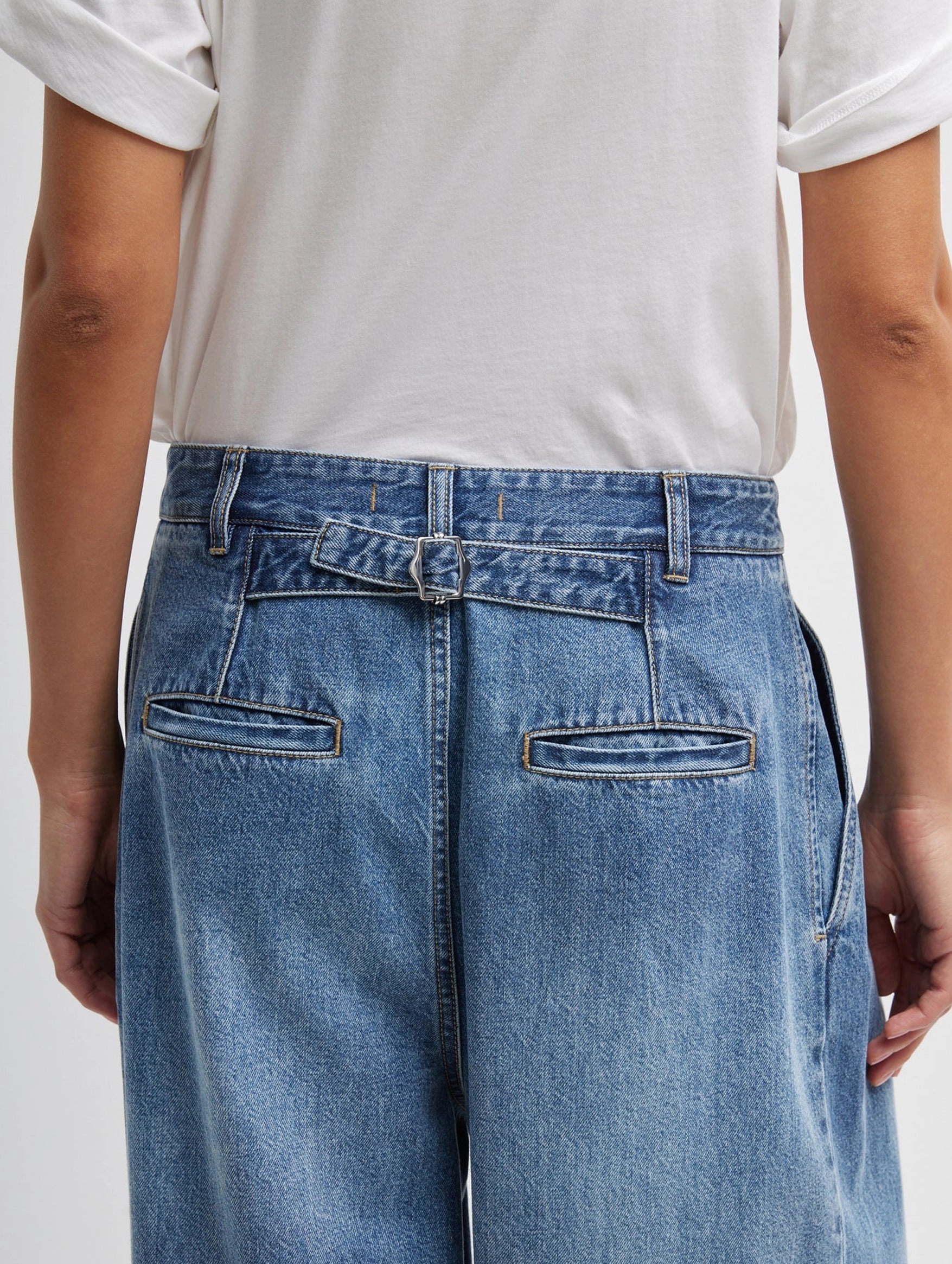 Spring Denim Short Triple Pleat Pant in Classic Blue