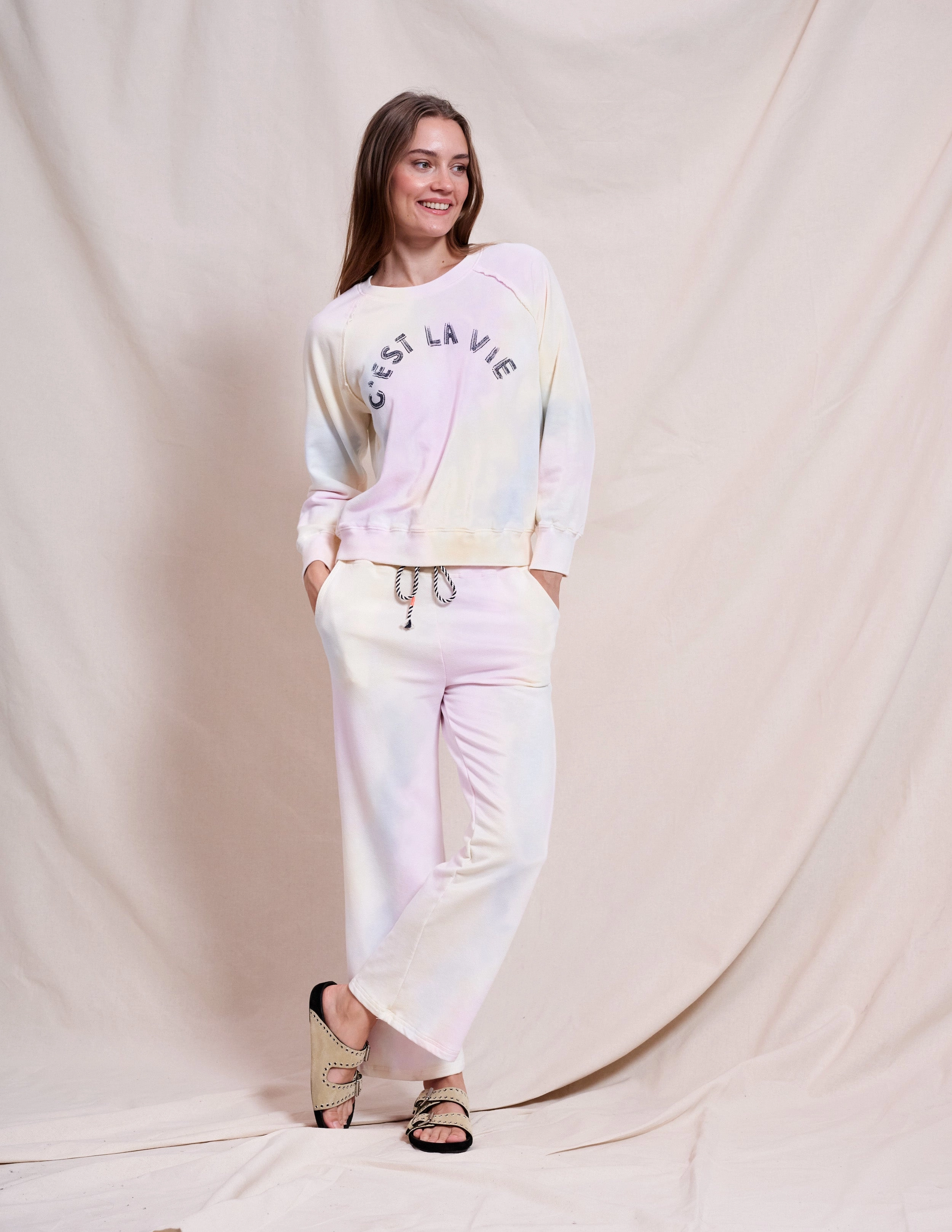 Sundry Tie Dye Pullover & Tie Dye Pant Set in Optic White