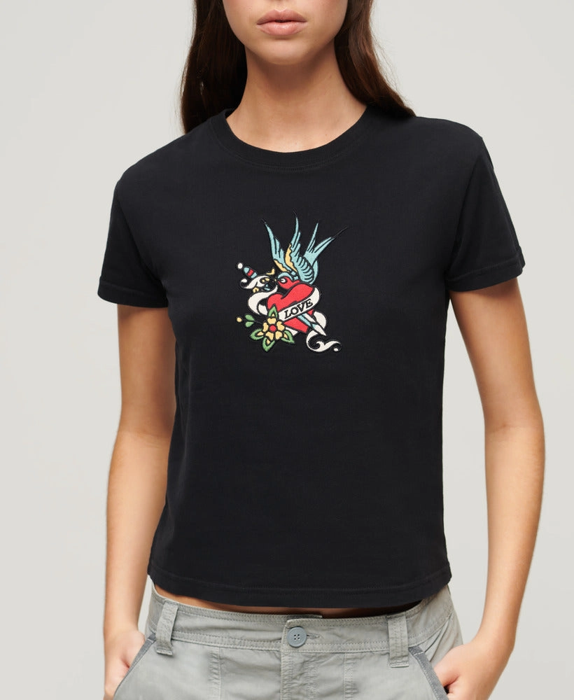 Tattoo Embroidered Fitted T-Shirt | Black