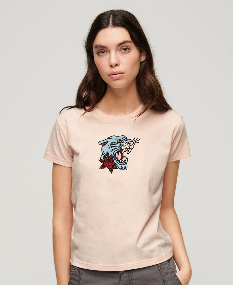 Tattoo Embroidered Fitted T-Shirt | Peach Whip Pink