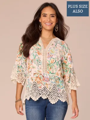 Three Quarter Sleeve Crochet V-Notch Neck Printed Plus Size Woven Top