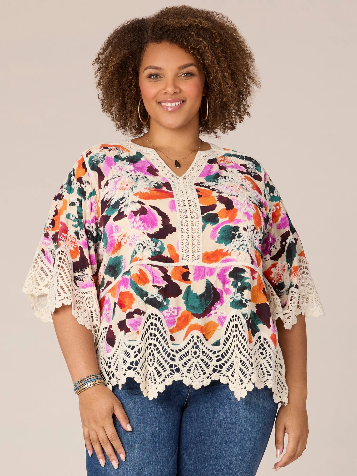 Three Quarter Sleeve Crochet V-Notch Neck Printed Plus Size Woven Top