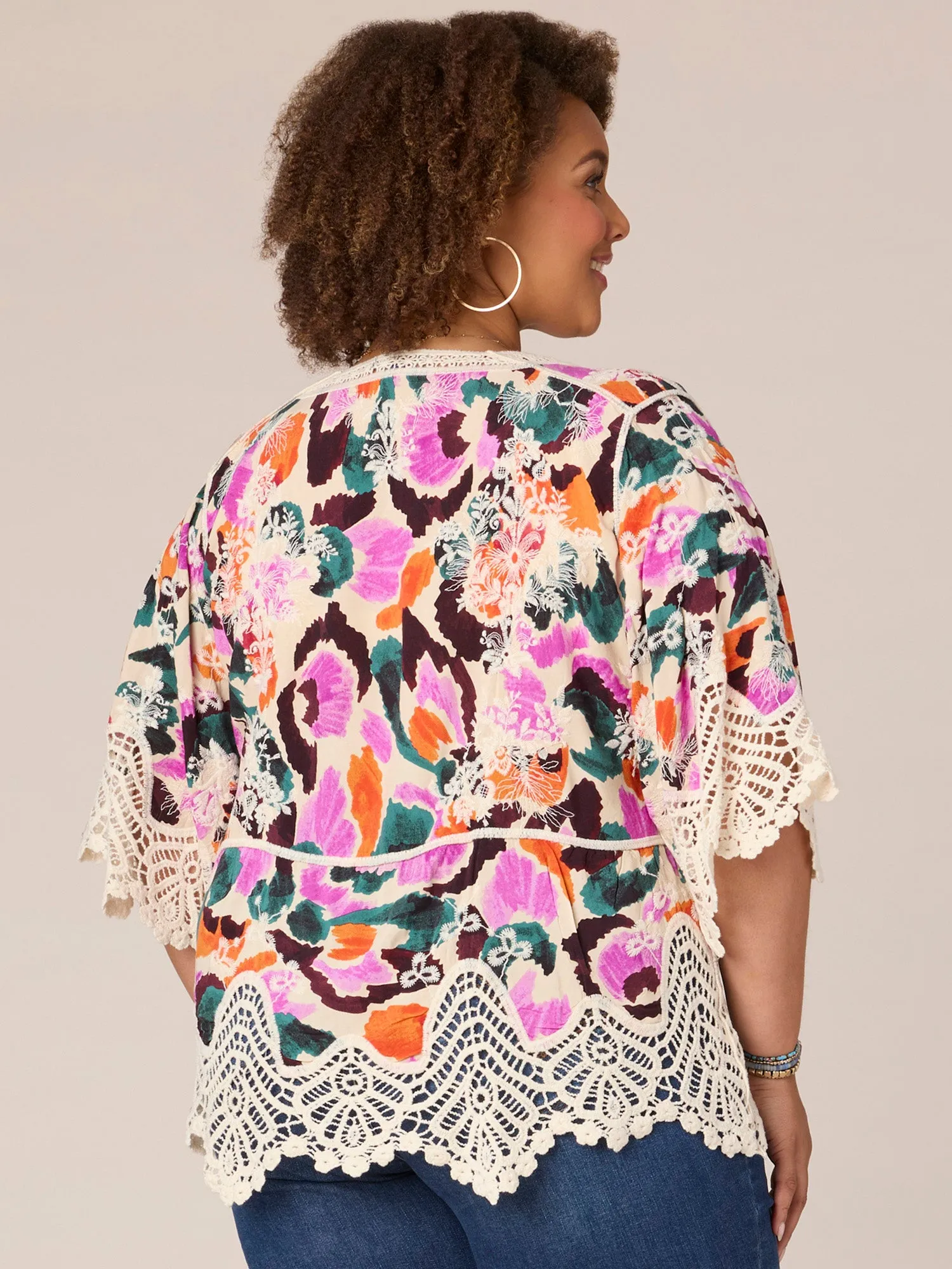 Three Quarter Sleeve Crochet V-Notch Neck Printed Plus Size Woven Top