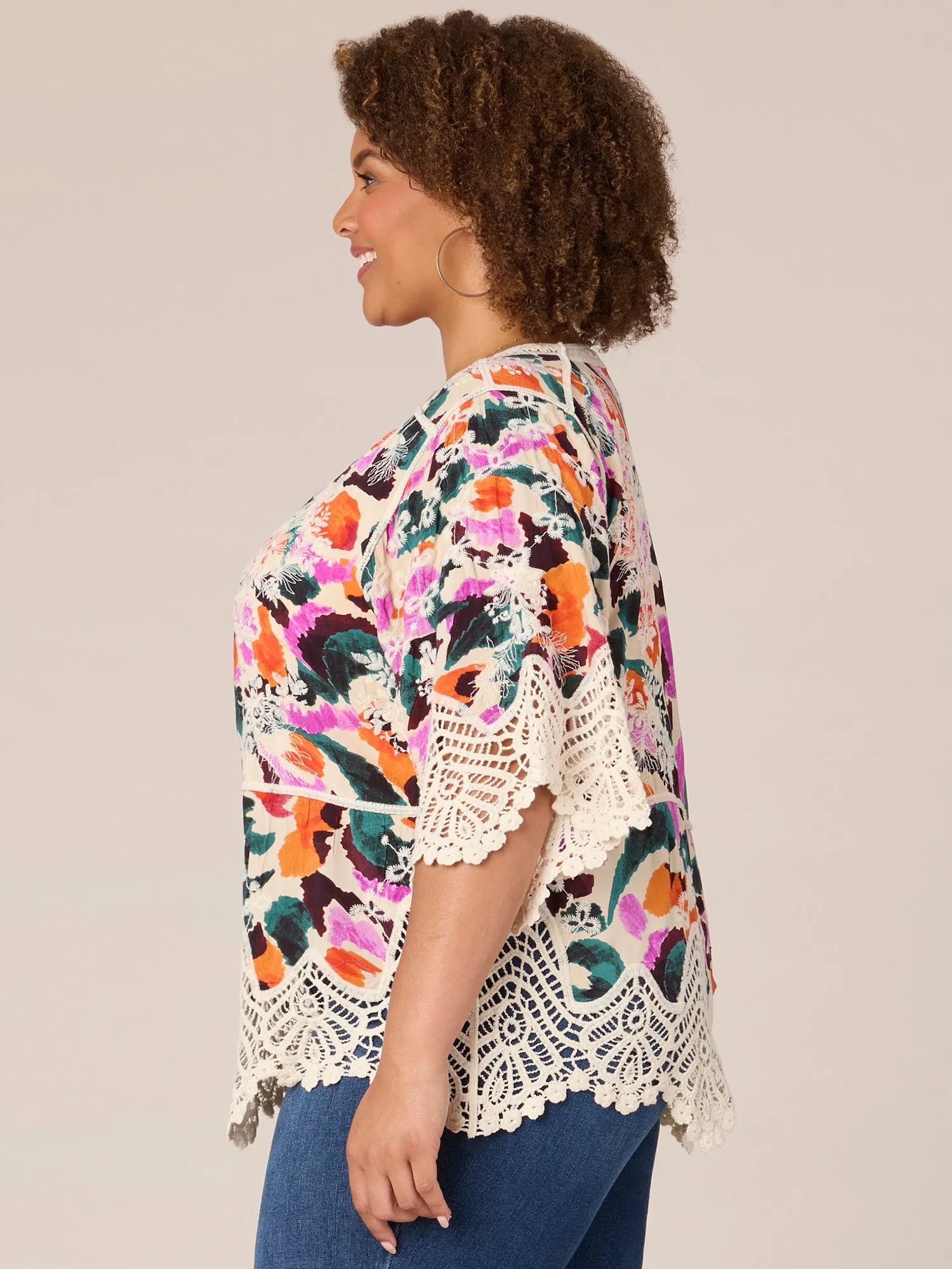 Three Quarter Sleeve Crochet V-Notch Neck Printed Plus Size Woven Top
