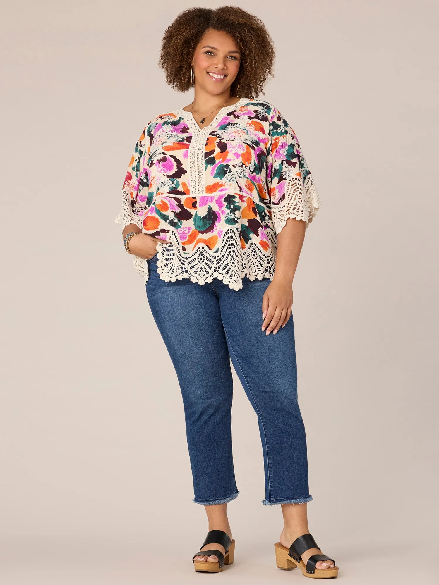 Three Quarter Sleeve Crochet V-Notch Neck Printed Plus Size Woven Top