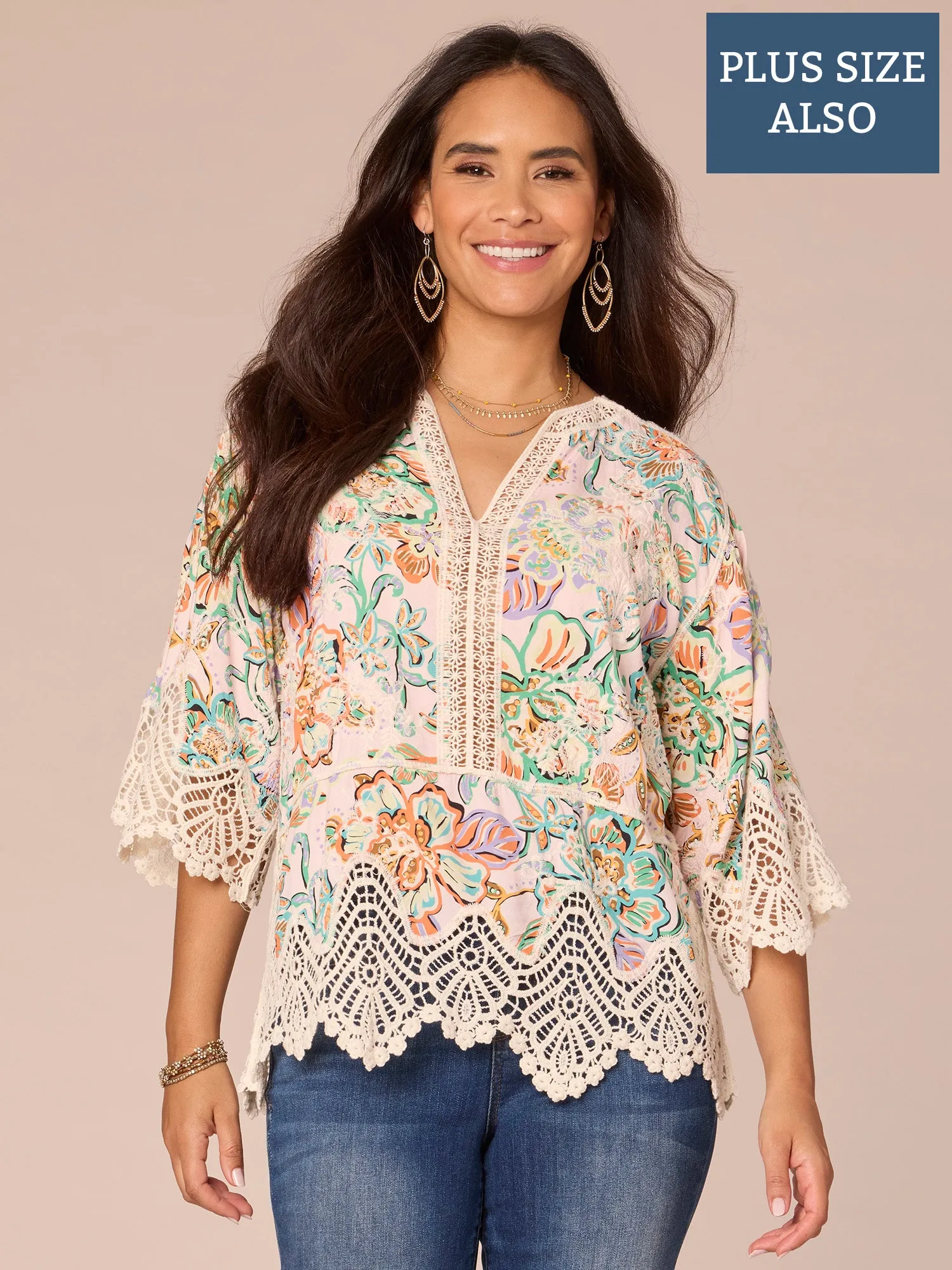 Three Quarter Sleeve Crochet V-Notch Neck Printed Plus Size Woven Top