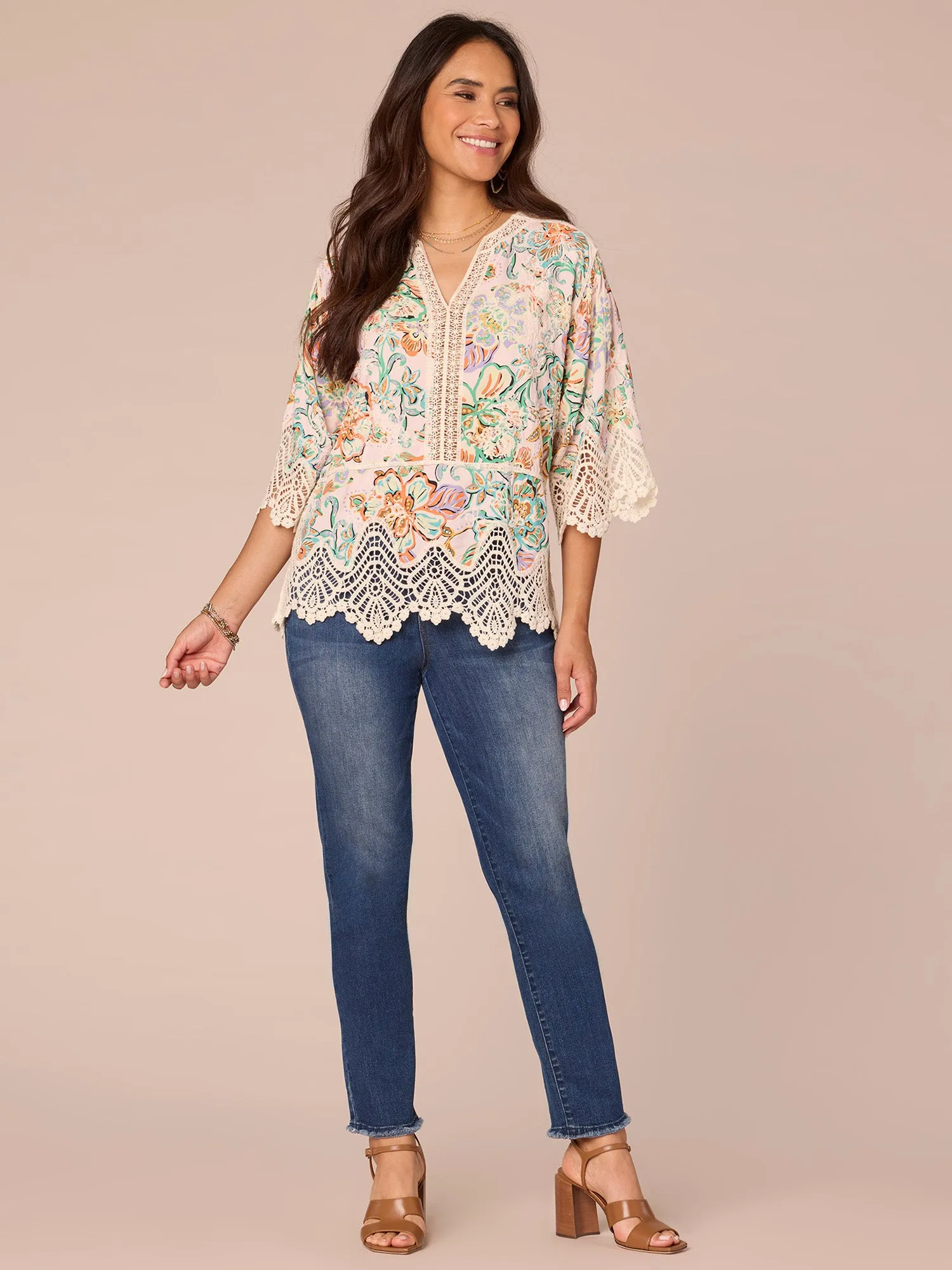 Three Quarter Sleeve Crochet V-Notch Neck Printed Plus Size Woven Top