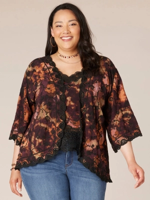 Three Quarter Sleeve Open Front Crochet Edge Plus Size Woven Kimono