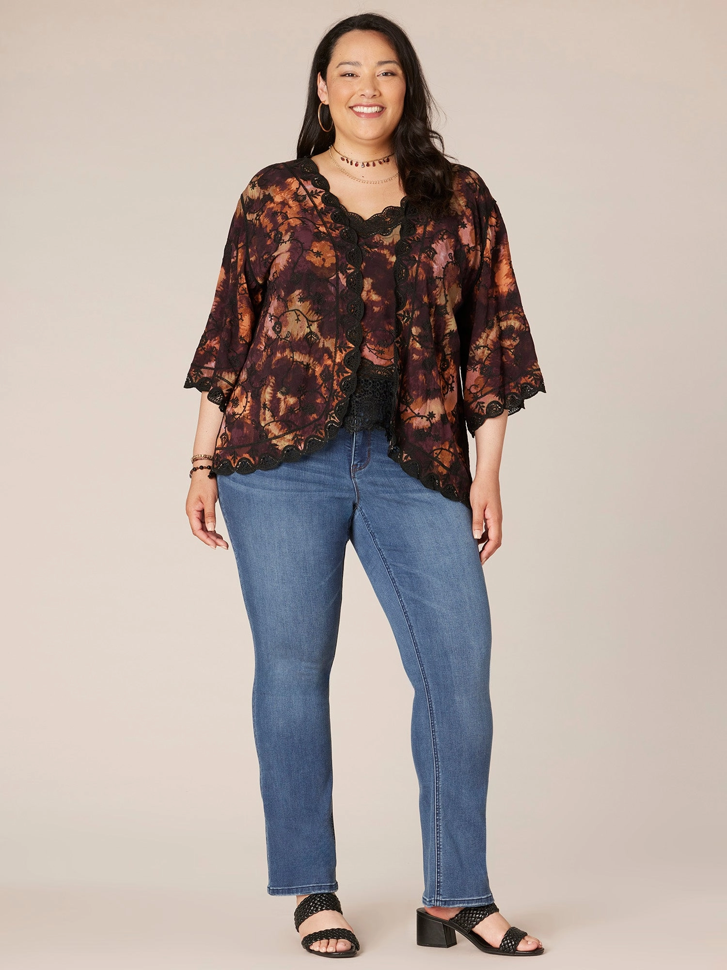 Three Quarter Sleeve Open Front Crochet Edge Plus Size Woven Kimono