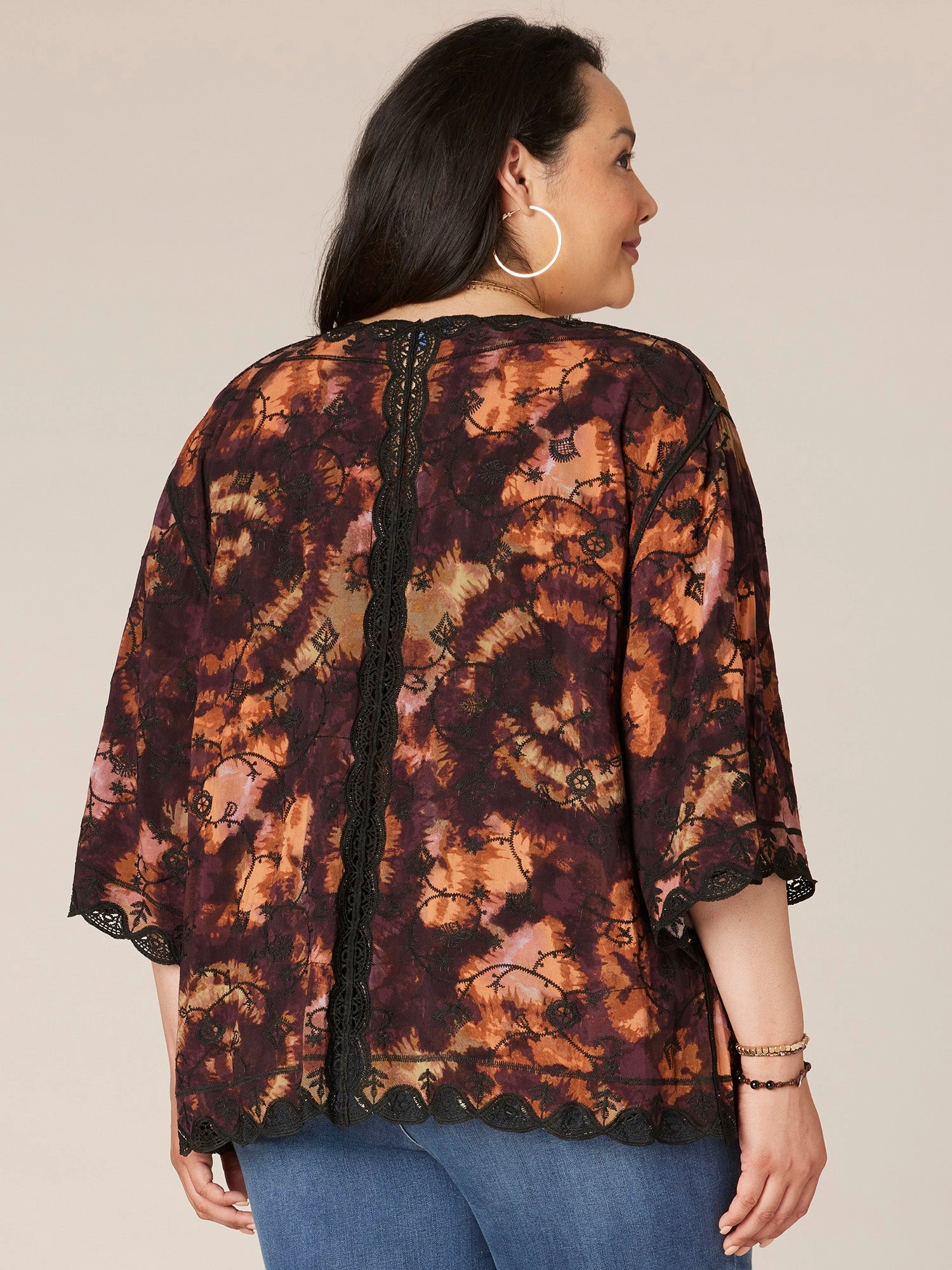 Three Quarter Sleeve Open Front Crochet Edge Plus Size Woven Kimono