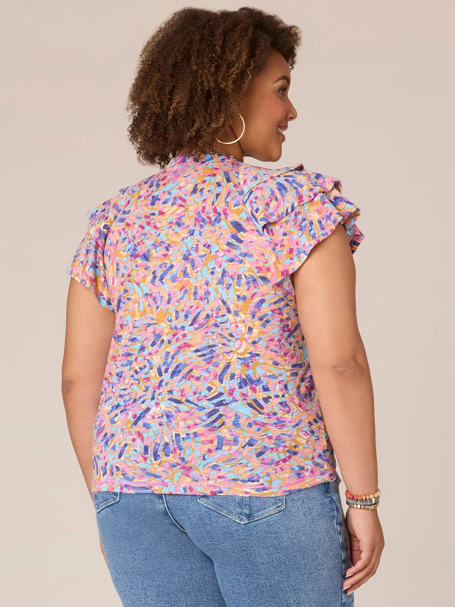 Three Tiered Raglan Sleeve V-Neck Printed Plus Size Knit Top