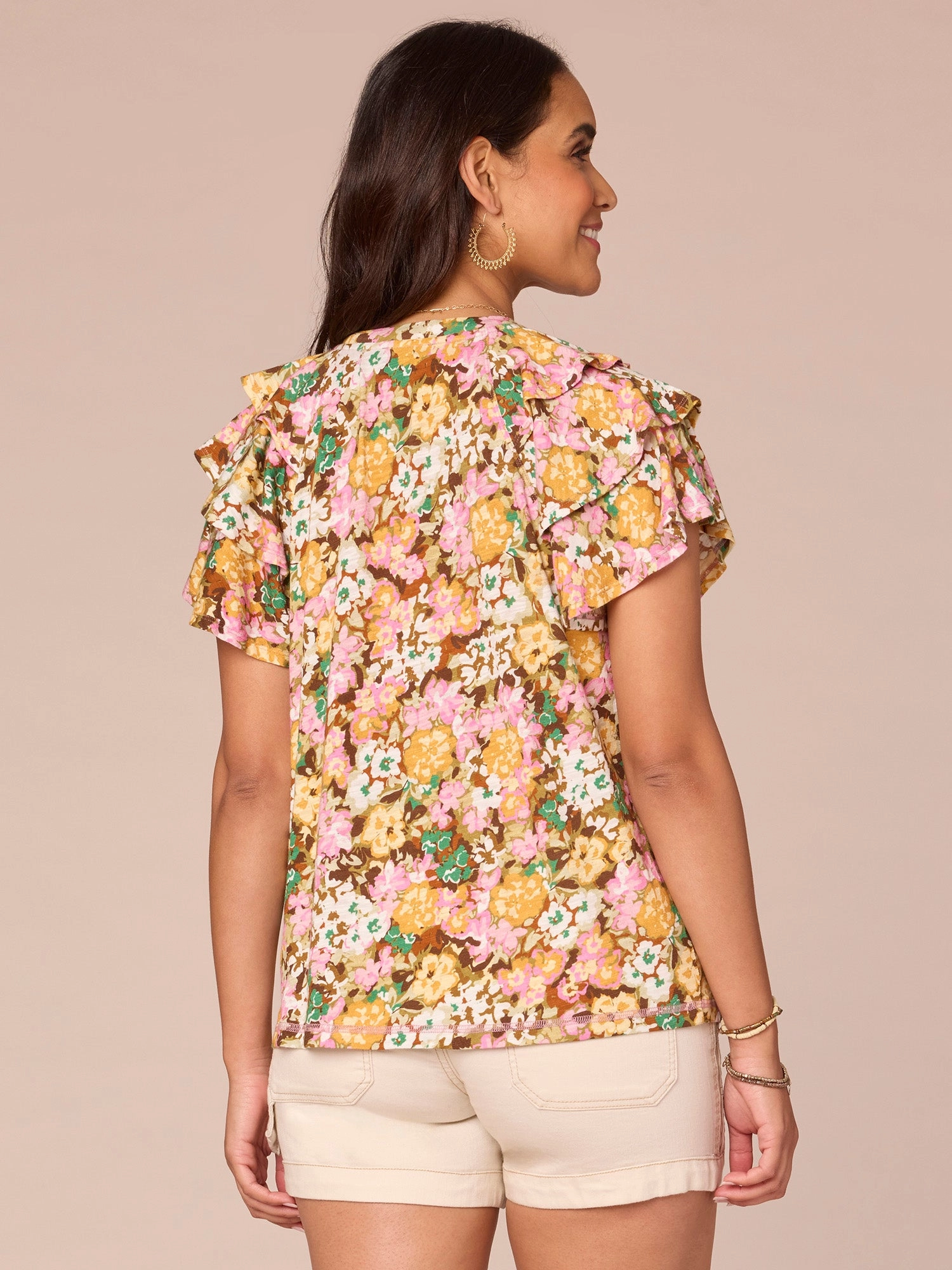 Three Tiered Raglan Sleeve V-Neck Printed Plus Size Knit Top
