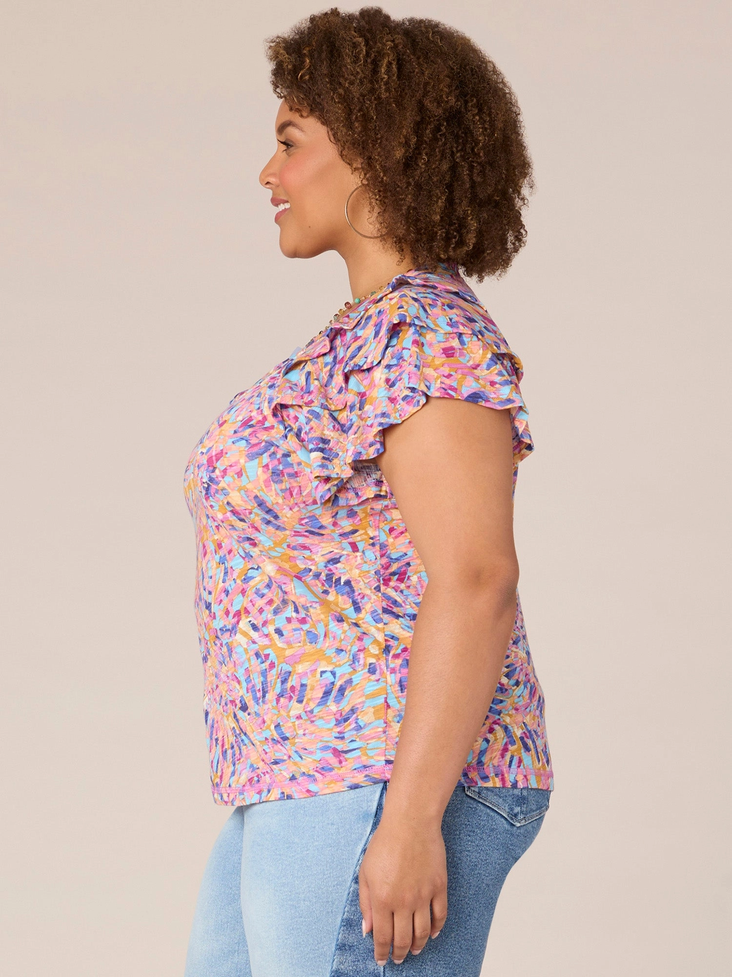 Three Tiered Raglan Sleeve V-Neck Printed Plus Size Knit Top