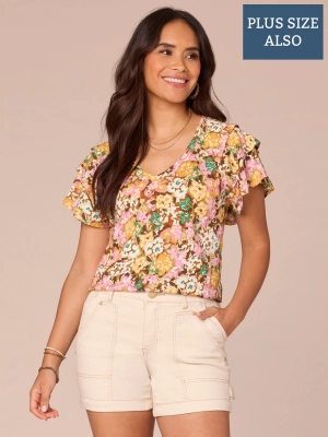 Three Tiered Raglan Sleeve V-Neck Printed Plus Size Knit Top