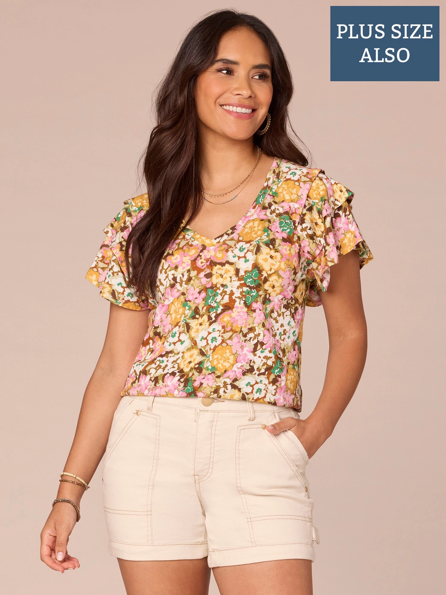 Three Tiered Raglan Sleeve V-Neck Printed Plus Size Knit Top