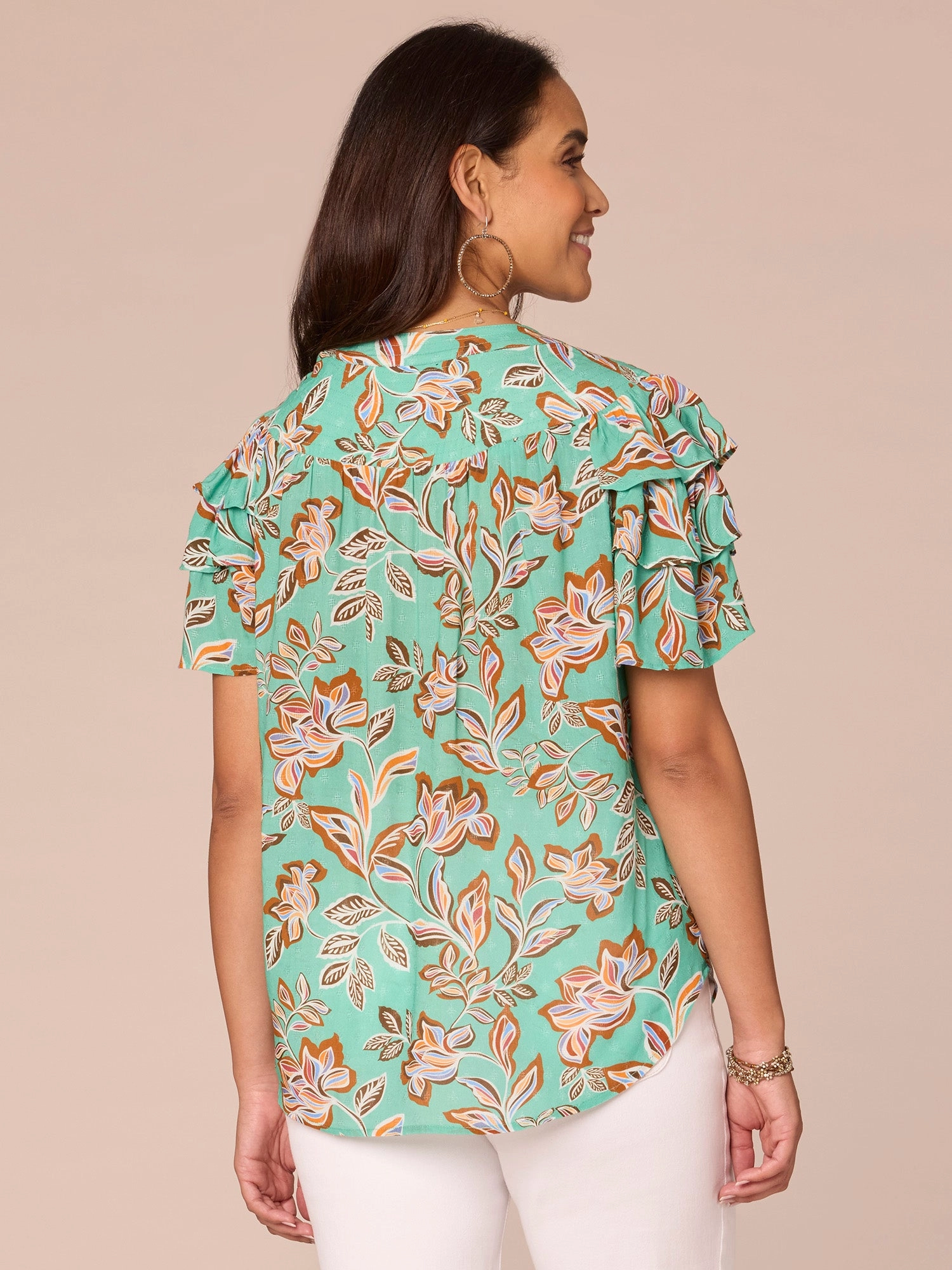 Triple Flounce Sleeve V-Notch Stitched Yoke Neck Printed Woven Top