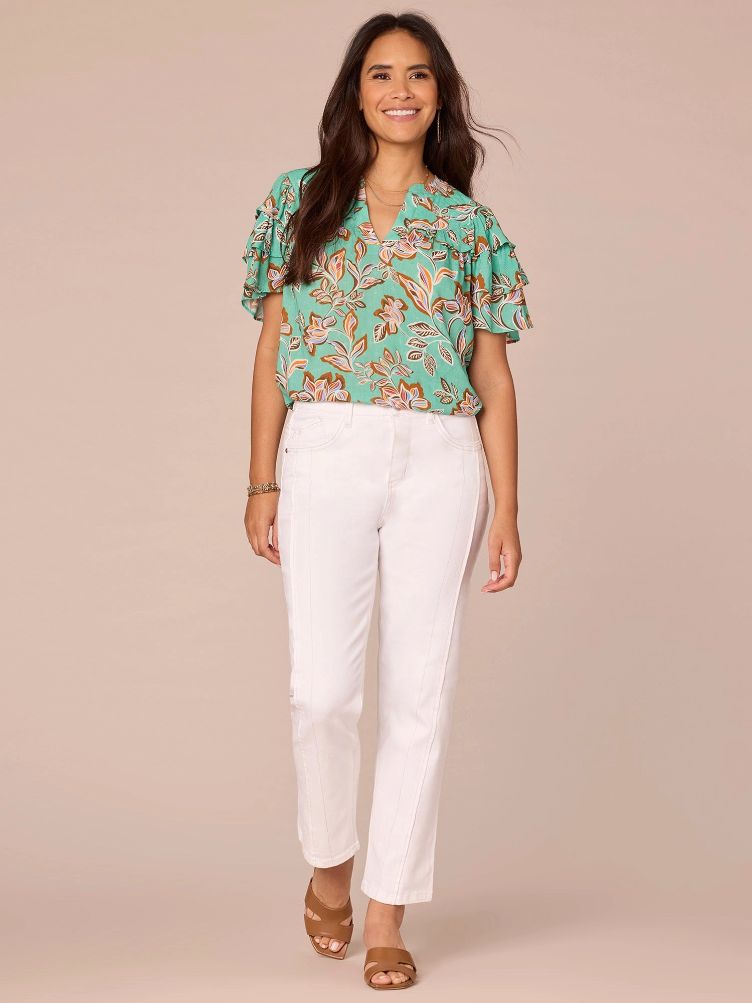 Triple Flounce Sleeve V-Notch Stitched Yoke Neck Printed Woven Top