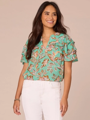 Triple Flounce Sleeve V-Notch Stitched Yoke Neck Printed Woven Top