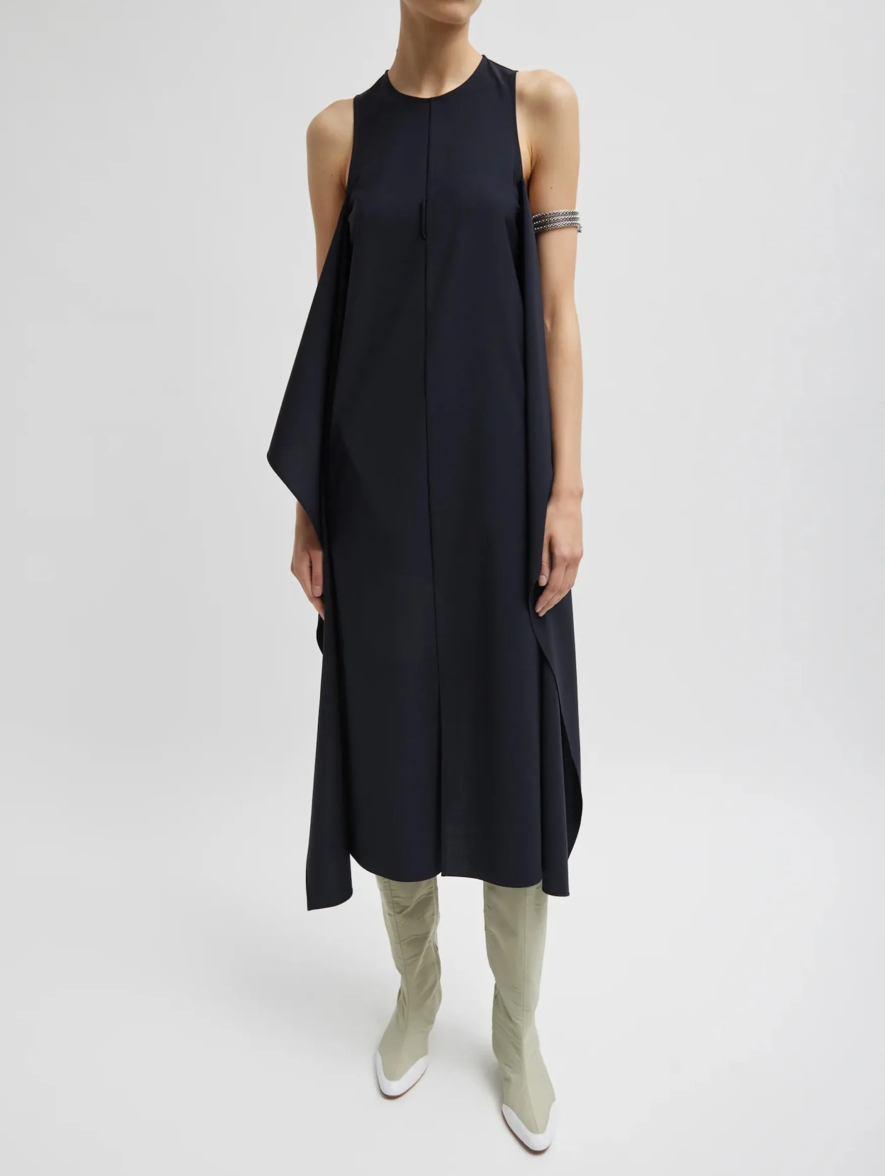 Tropical Wool Tie Front Dress in Navy