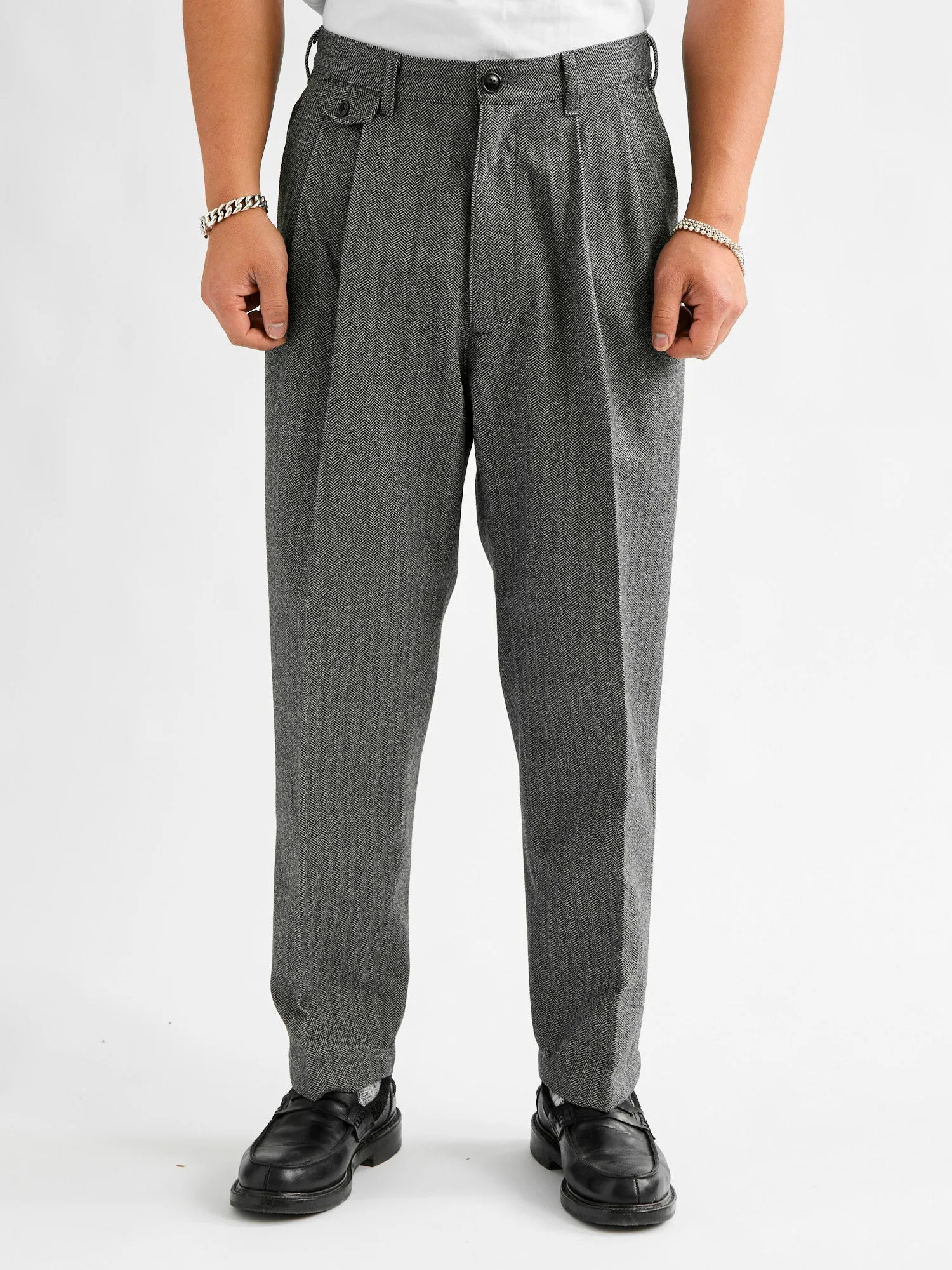 Two-Pleat Suit Trousers in White Herringbone