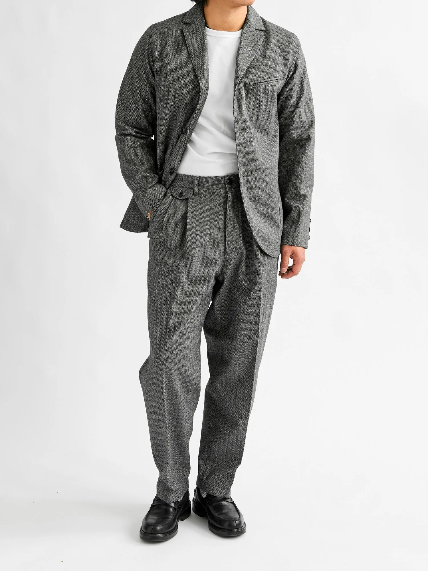 Two-Pleat Suit Trousers in White Herringbone