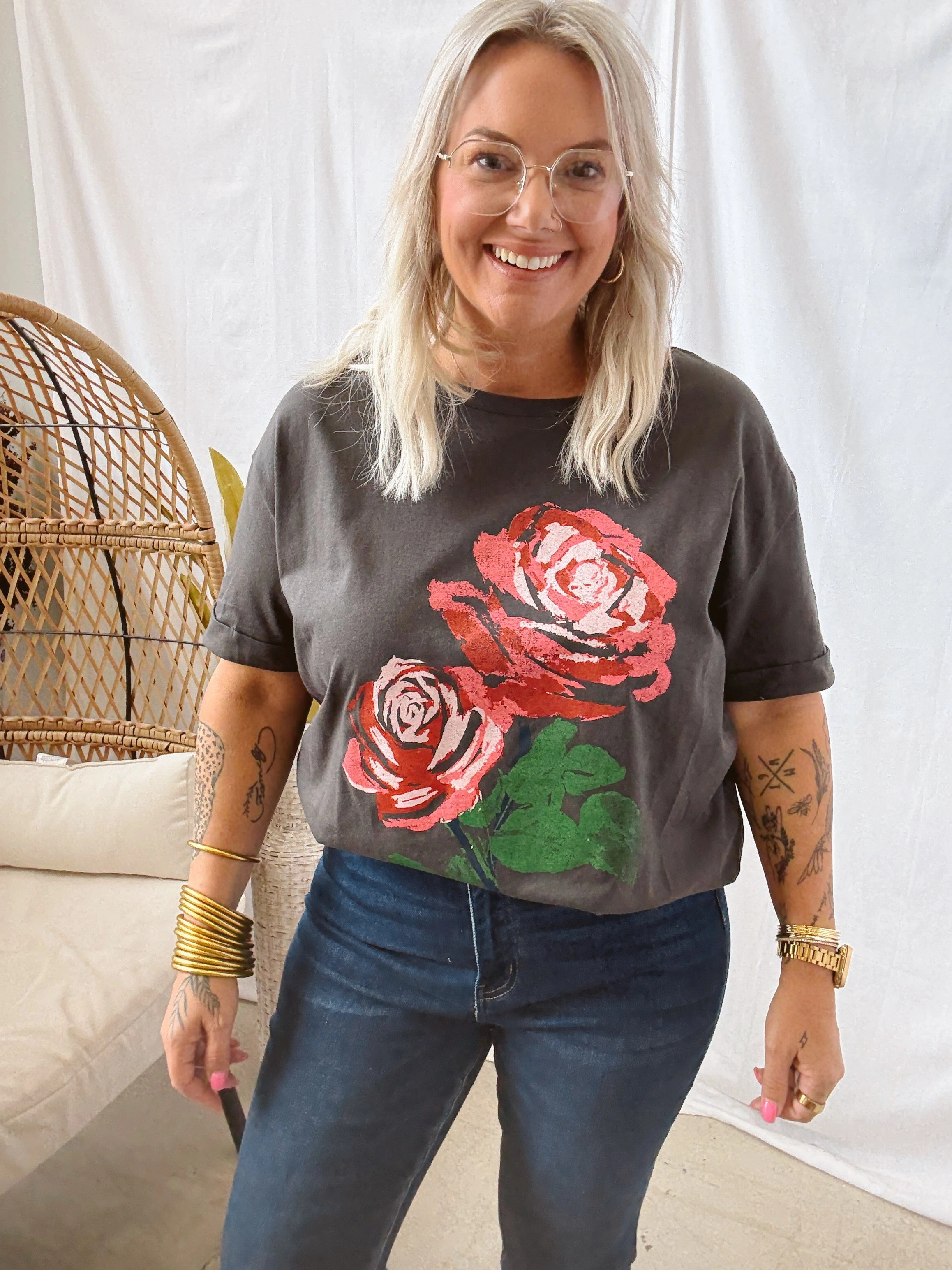 Vintage Rose Black Tee